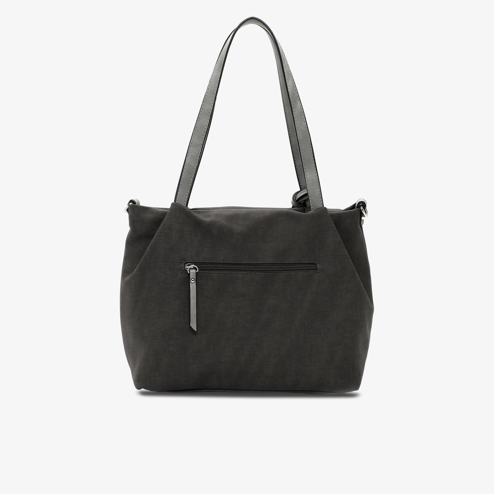 Große schwarze Tasche mit Außentasche und langen Tragegriffen, vielseitig und robust gestaltet