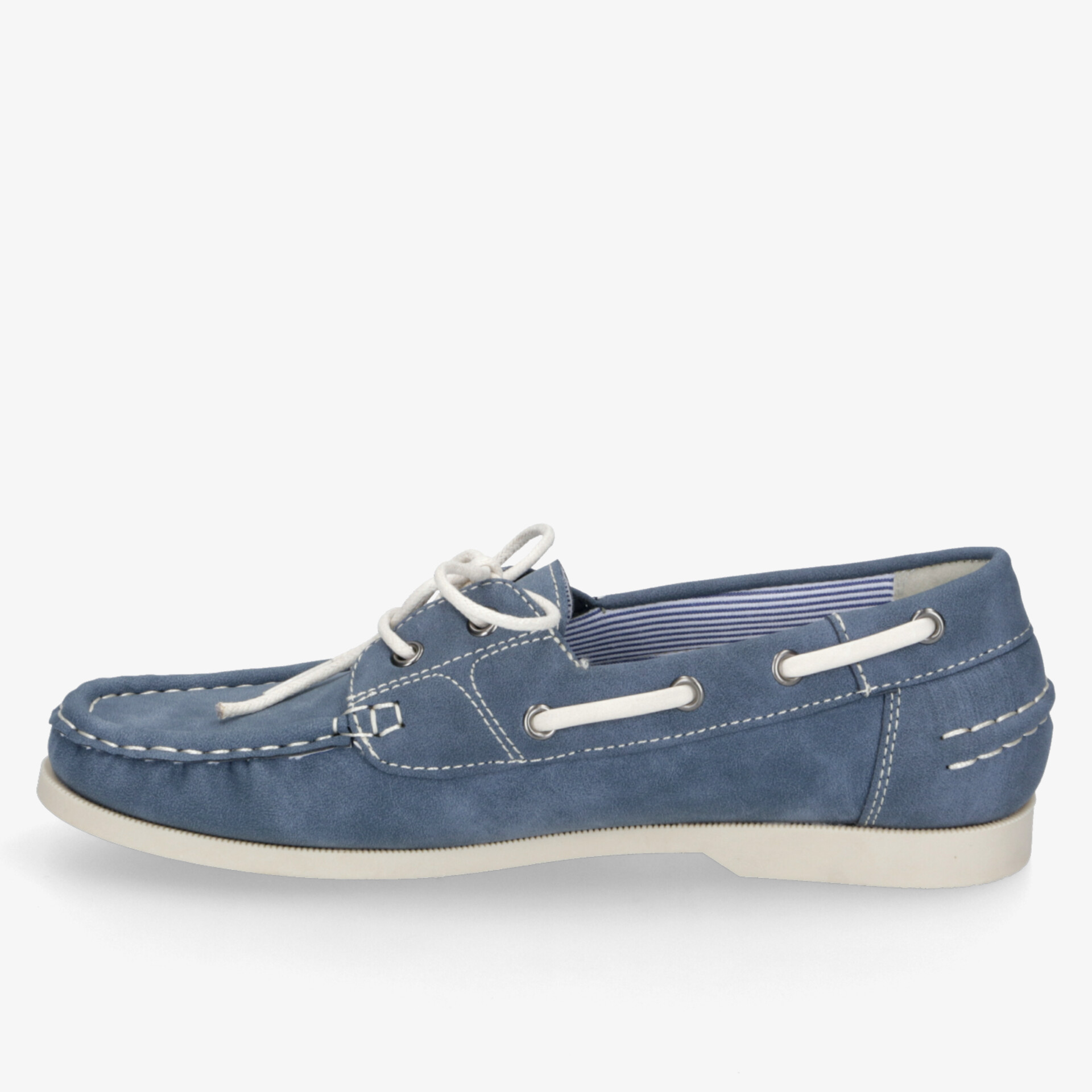 Klassischer blauer Leder-Bootsschuh mit weißer Sohle, ideal für Komfort und Stil auf dem Wasser.