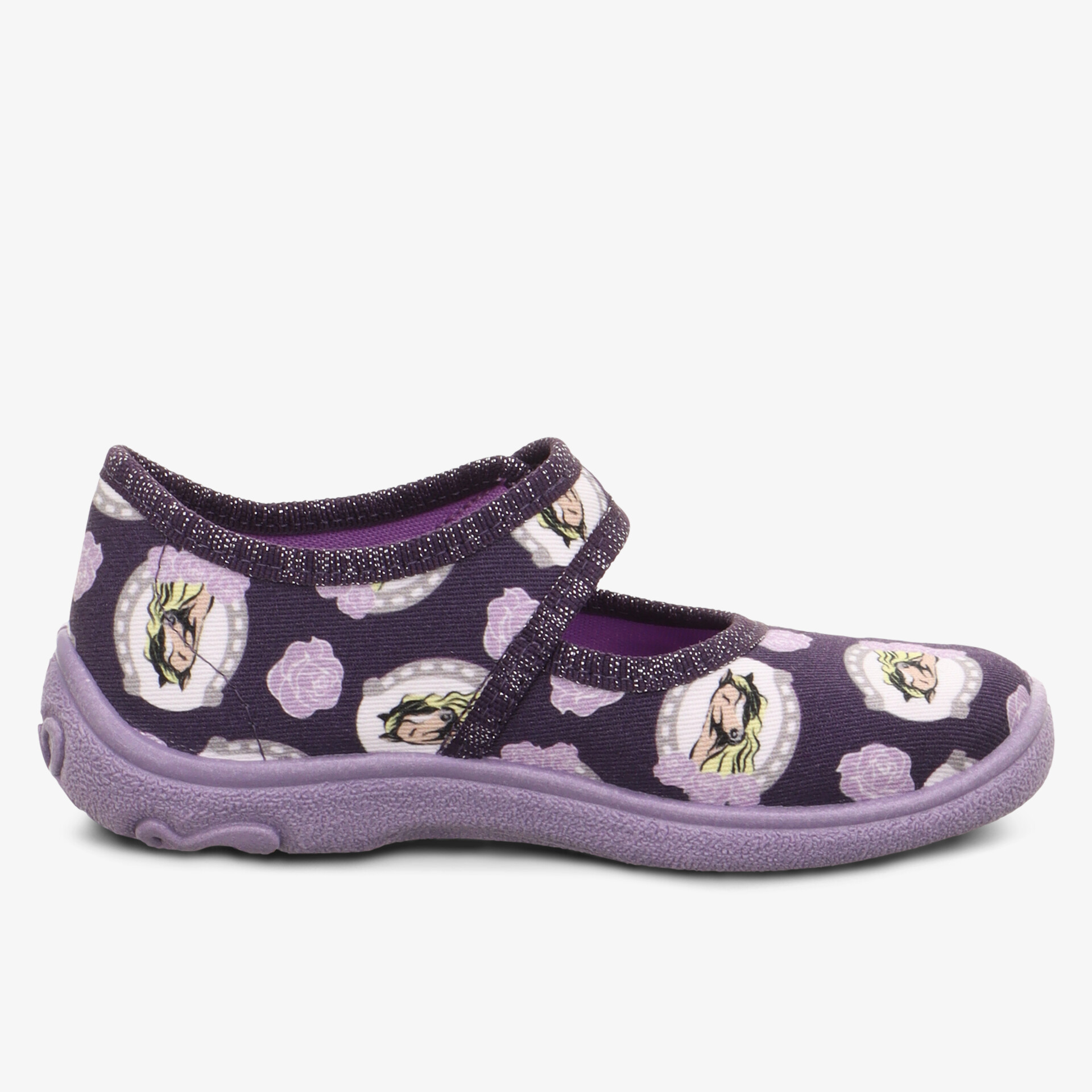 Lila Schuhe mit Blumenmuster und Klettverschluss, ideal für vielseitige Anlässe.