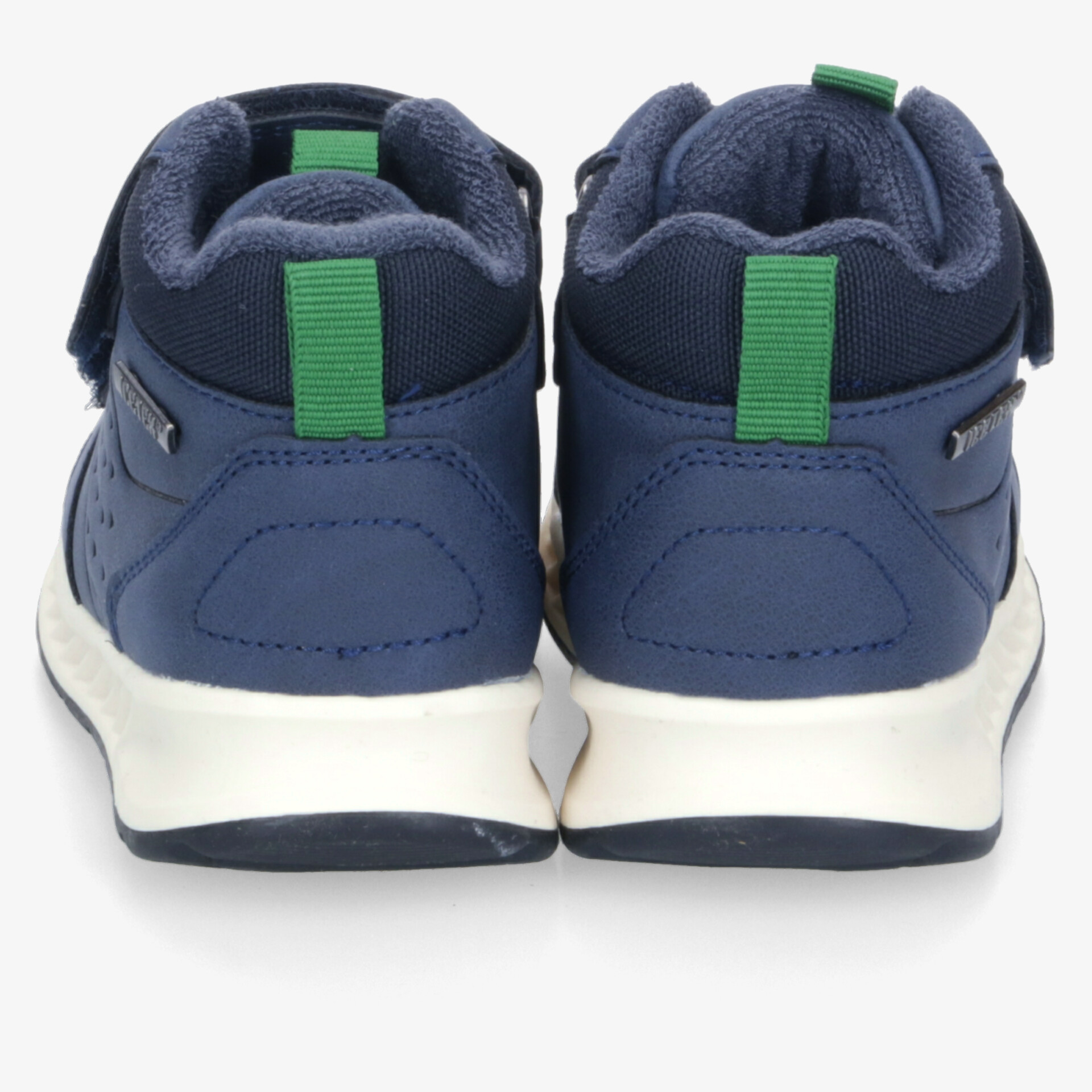 Robuste blaue Sportschuhe, gepolstert und rutschfest, stabile Passform, Paaransicht von hinten