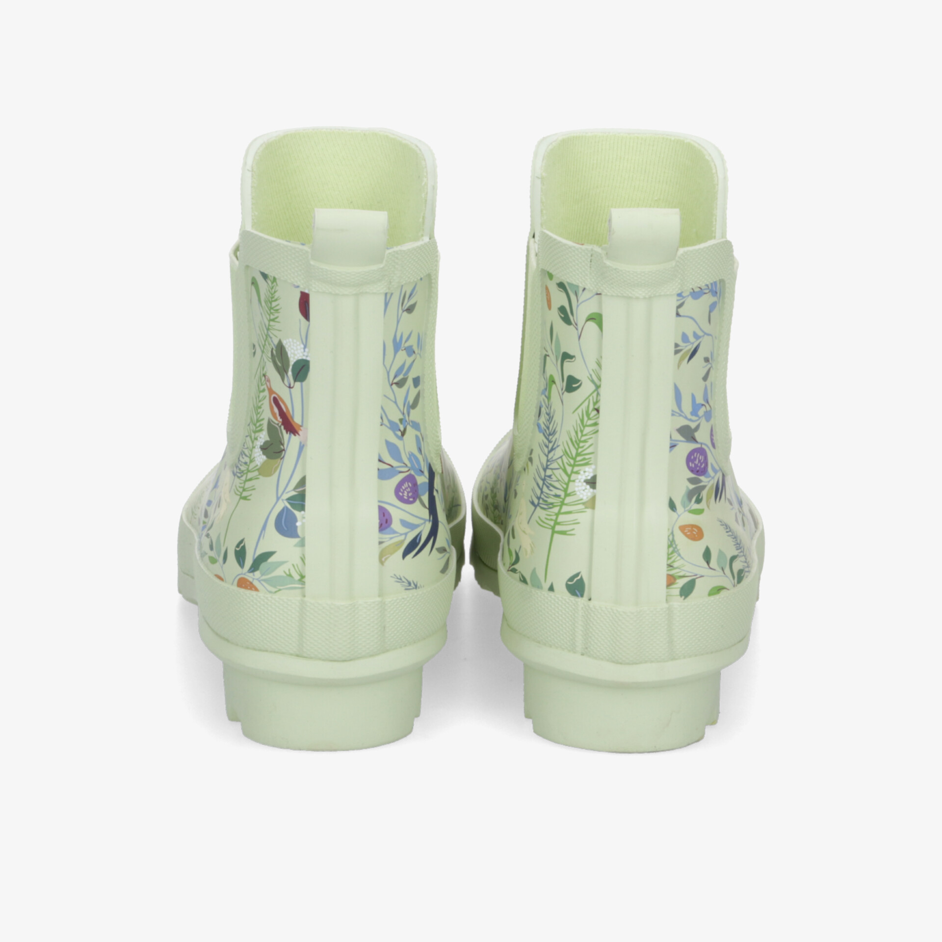 Hellgrüne Schuhe mit buntem Blumenmuster und hohem Schaft, Rückansicht zeigt Reißverschluss und stabilen Absatz