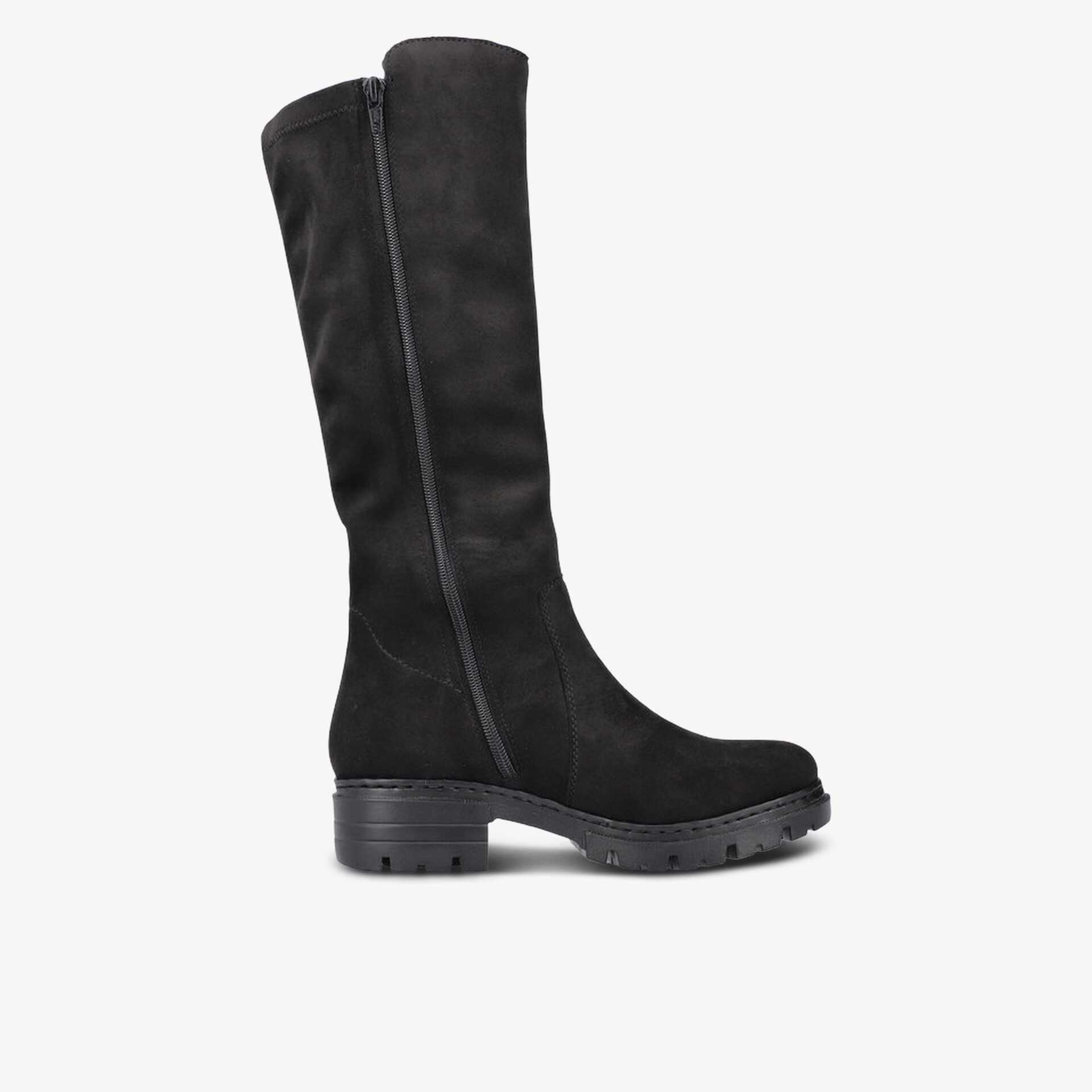 Schwarzer hoher Velourslederstiefel mit robustem Profilabsatz und seitlichem Reißverschluss in klarer Seitenansicht