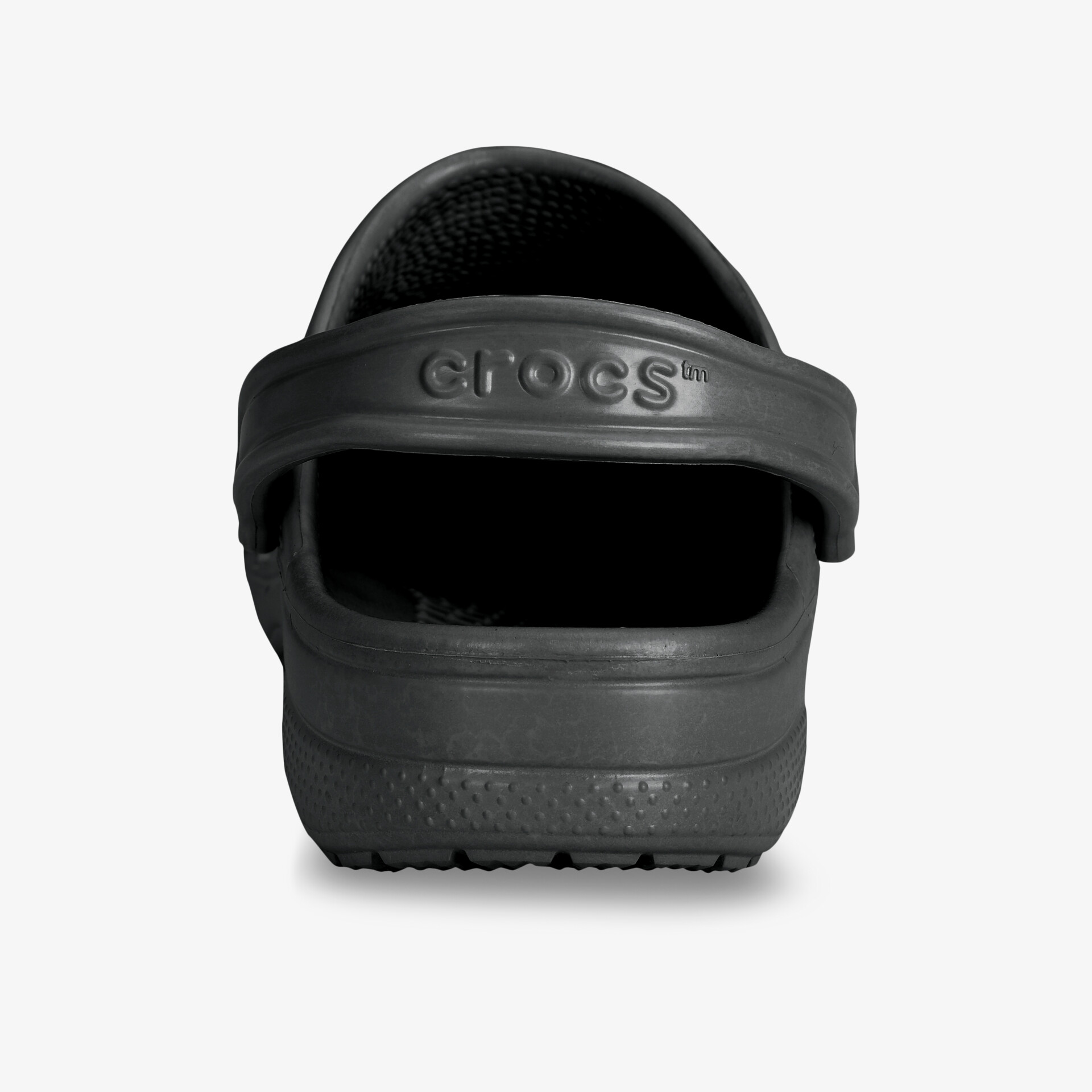 Schwarzer Crocs Schuh Rückansicht mit praktischem Riemen und rutschfester Sohle für hohen Tragekomfort