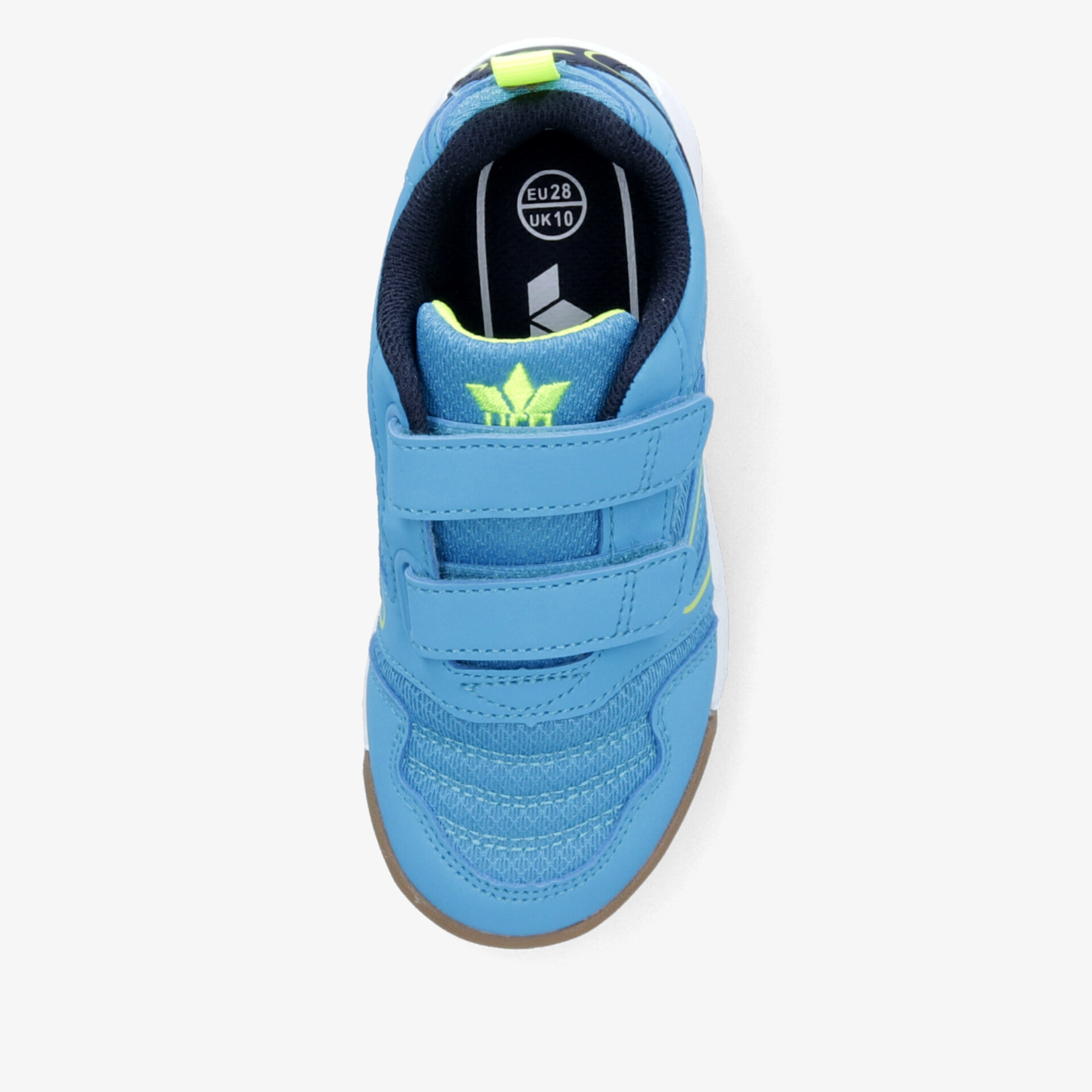 Blauer sportlicher Schuh mit verstellbaren Klettverschlüssen, leichter Aufbau und stabiler Sohle, Ansicht von vorne