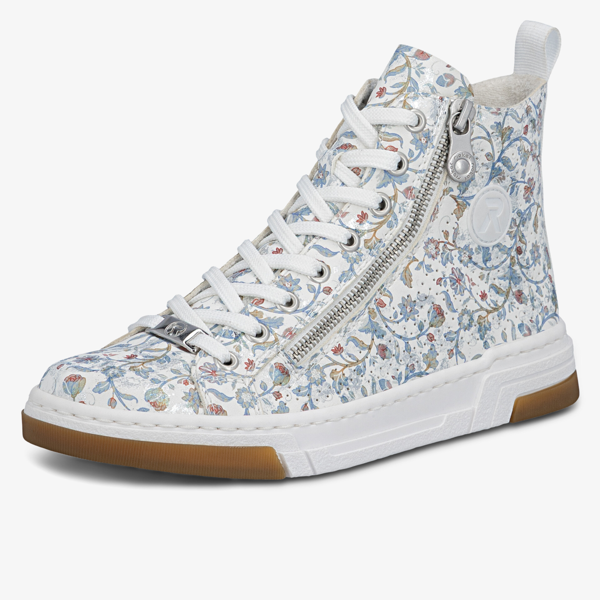 Moderner hoher Sneaker mit floralem Muster, seitlichem Reißverschluss und weißer profilierter Sohle