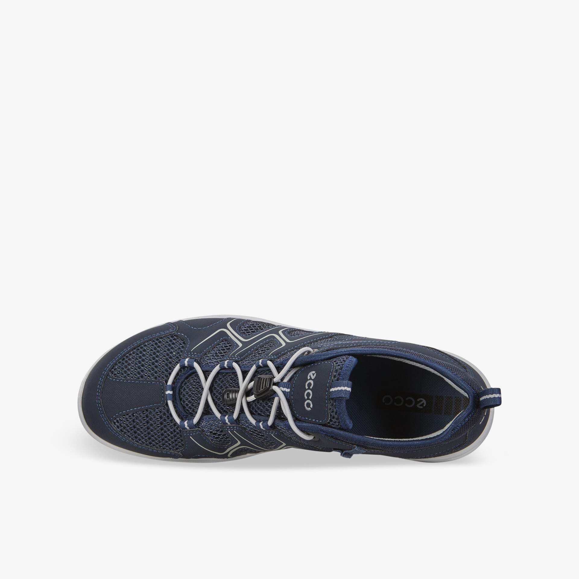 Leichter blauer Sportschuh mit flexibler Schnürung und atmungsaktivem Material aus der Draufsicht