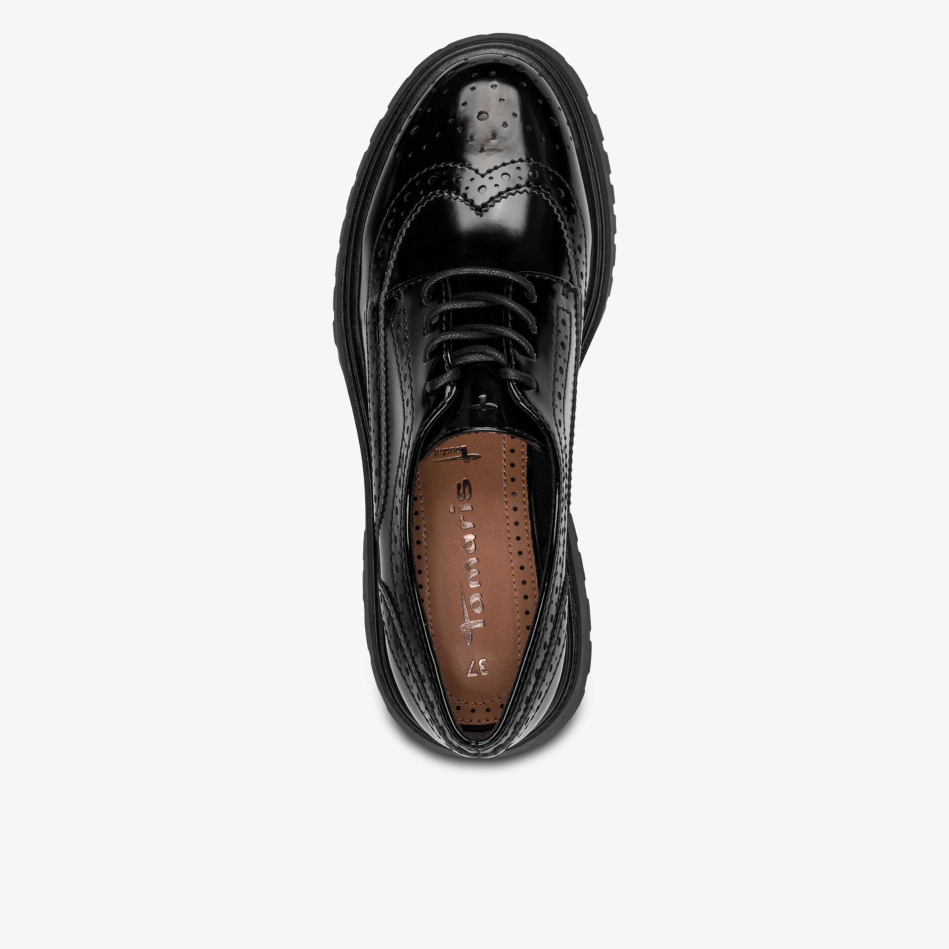 Schwarzer, glänzender Schuh mit klassischer Schnürung und hochwertiger Verarbeitung, Draufsicht