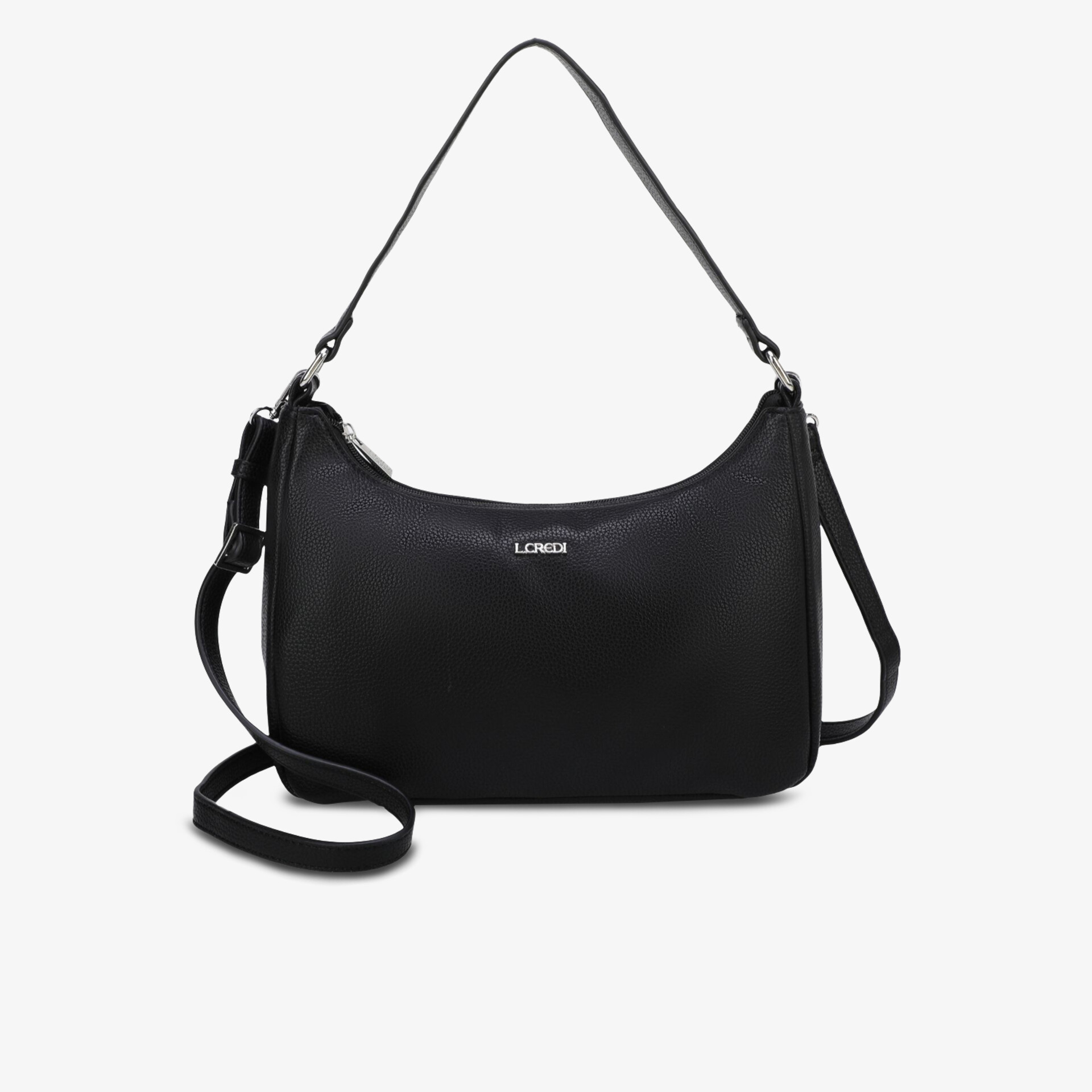 Elegante schwarze Ledertasche mit verstellbarem Schulterriemen und minimalistischem Design, kompakte Form für Alltag
