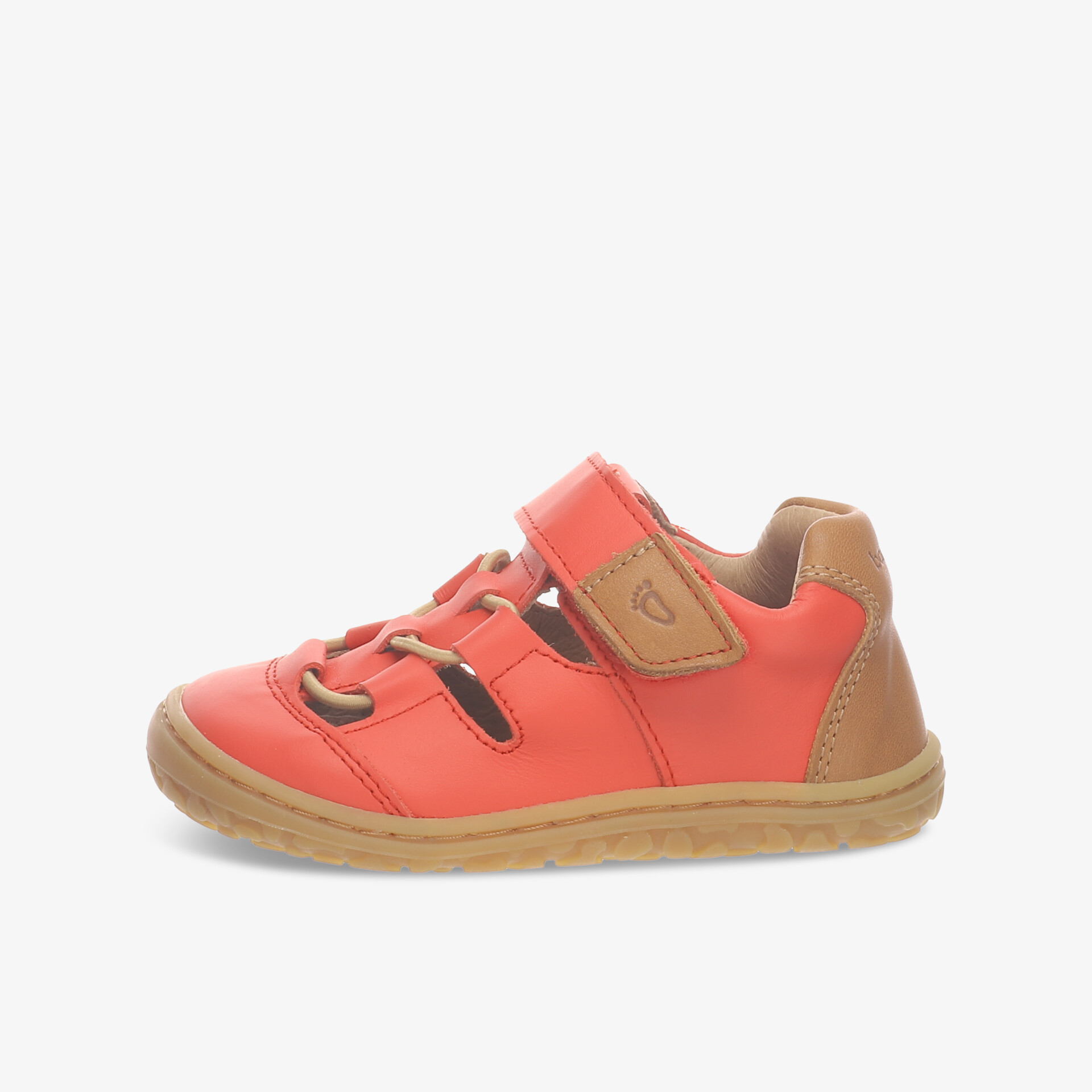 Bequemer orangefarbener Schuh mit Klettverschluss und rutschfester Sohle. Ideal für aktiven Alltag.