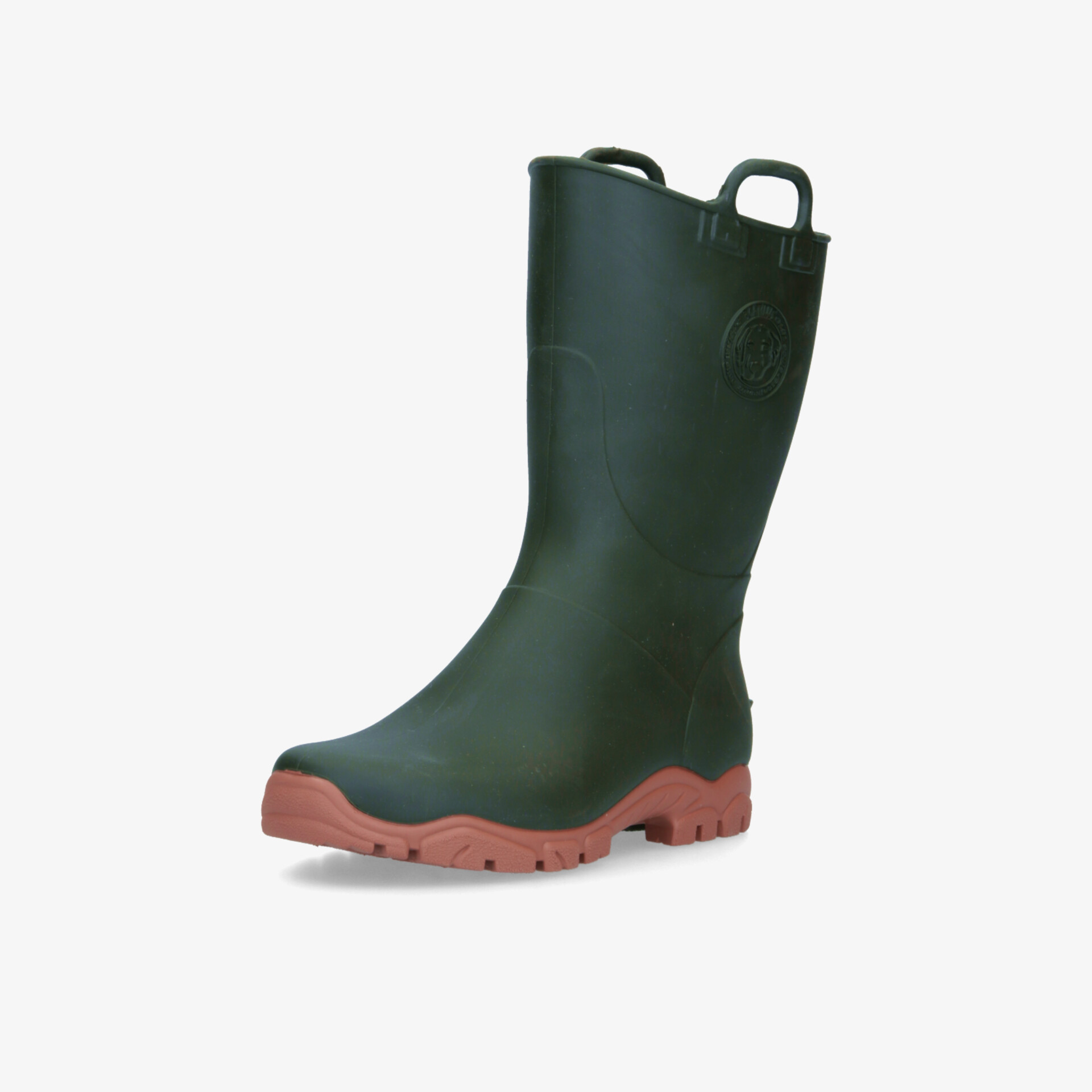 Robuster wasserfester grüner Gummistiefel mit rutschfester roter Sohle und praktischem Griff