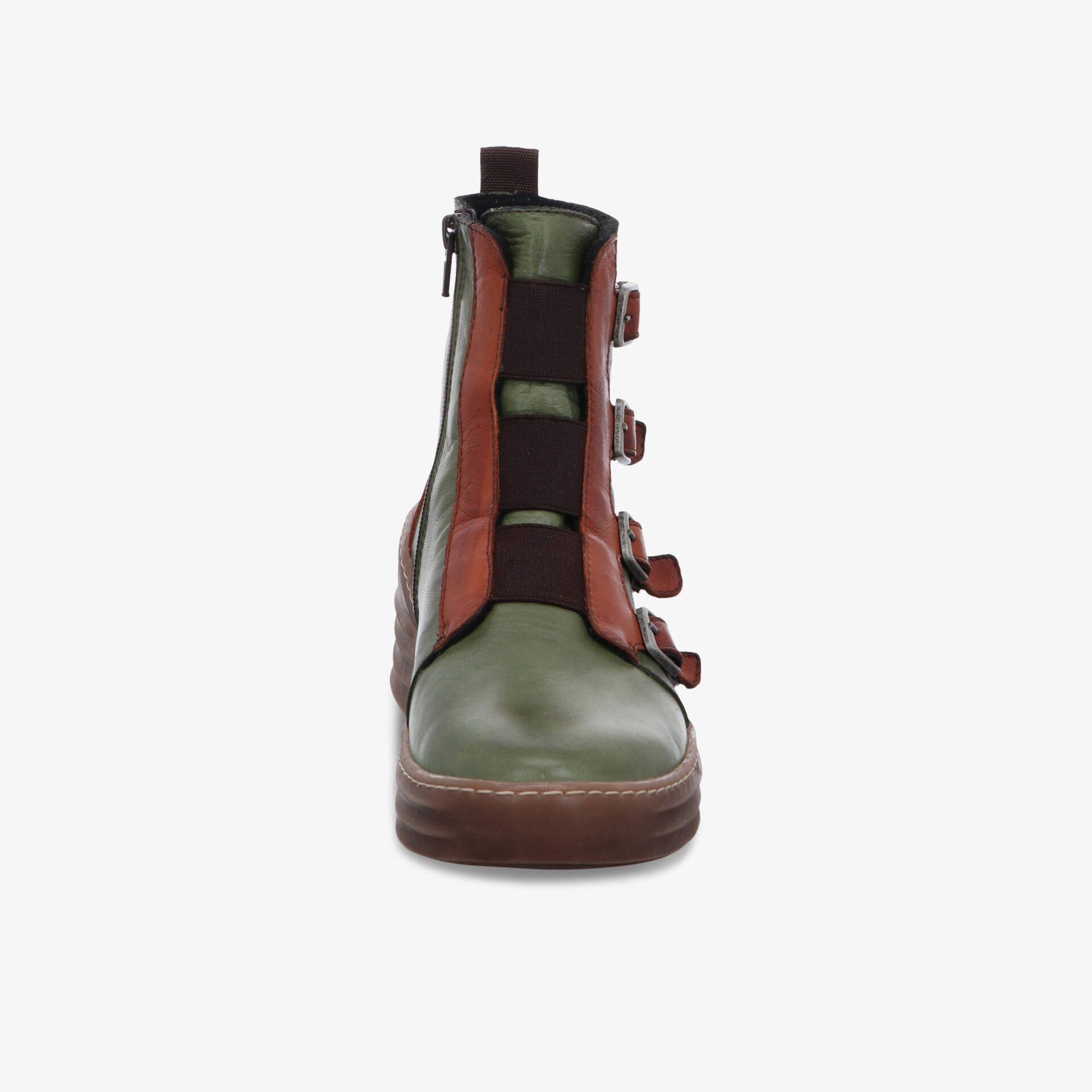 Robuster Stiefel mit hohem Schaft und stabilen Schnallenverschlüssen, frontale Ansicht, komfortable und strapazierfähige Verarbeitung