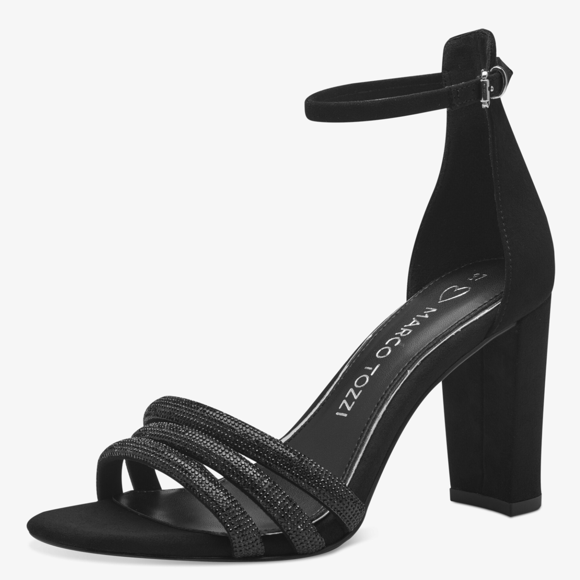 Elegante schwarze Sandale mit hohem Absatz und glitzernden Details, verstellbarer Knöchelriemen für sicheren Halt