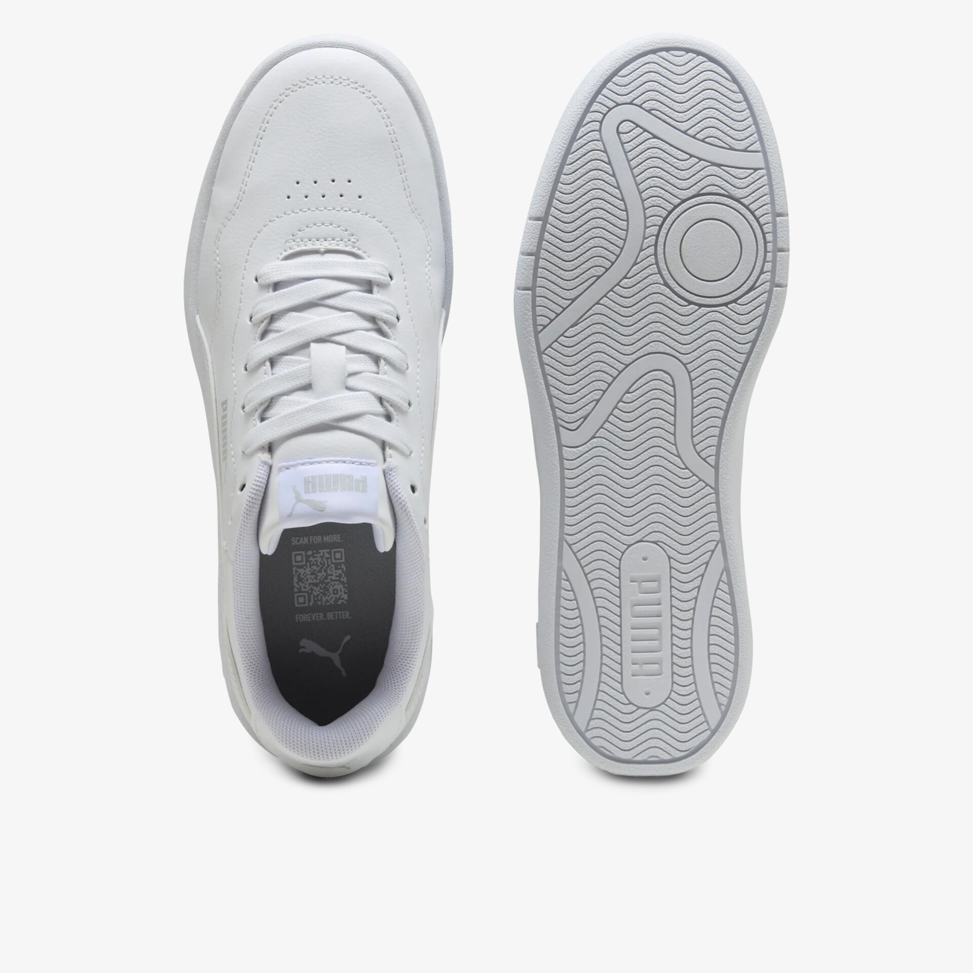 Weiße Sneaker in klassischem Design mit bequemer Passform und langlebigem Material, Draufsicht und Sohle sichtbar