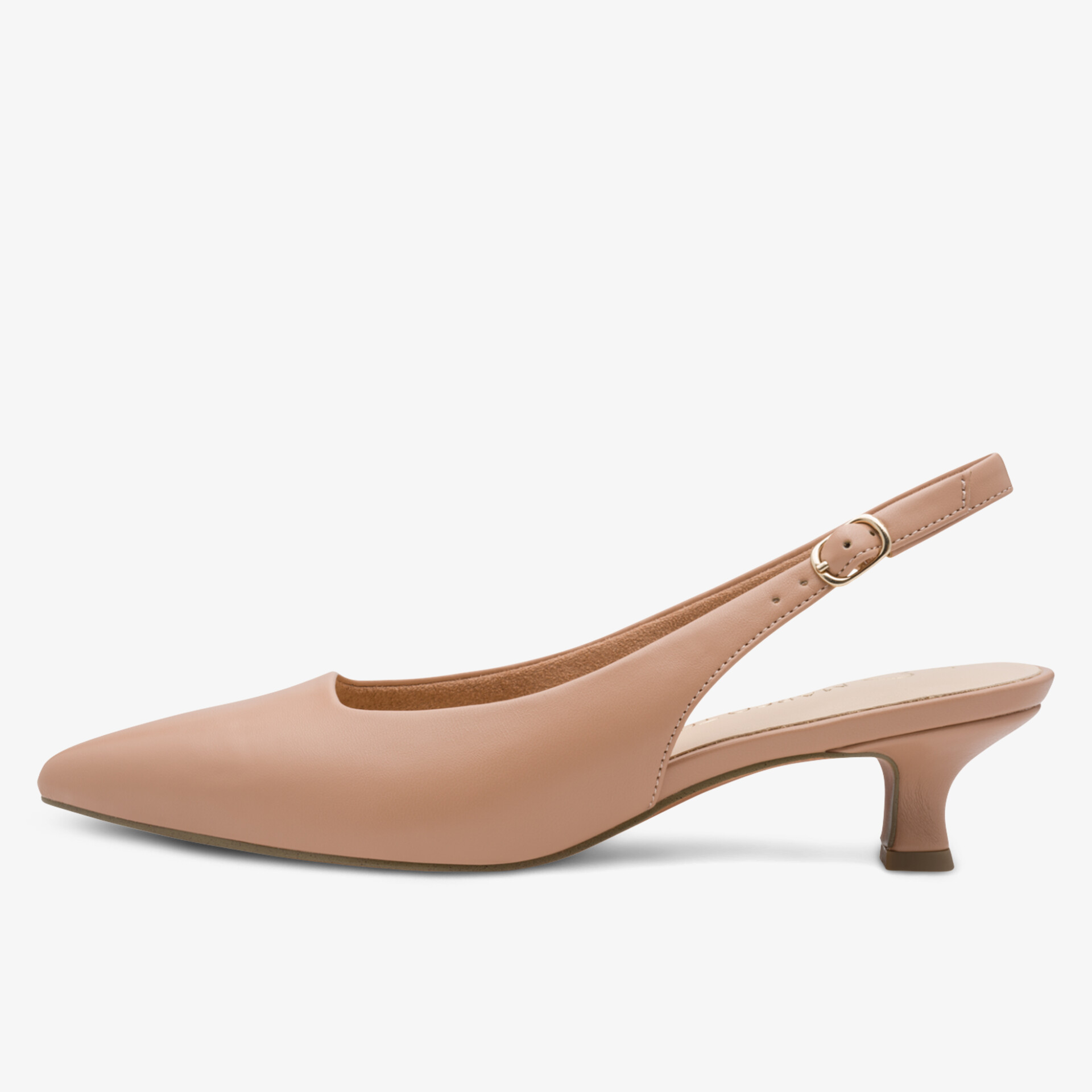 Eleganter beiger Slingback-Pumps mit spitz zulaufender Vorderseite und niedrigem Absatz für bequemen Tragekomfort
