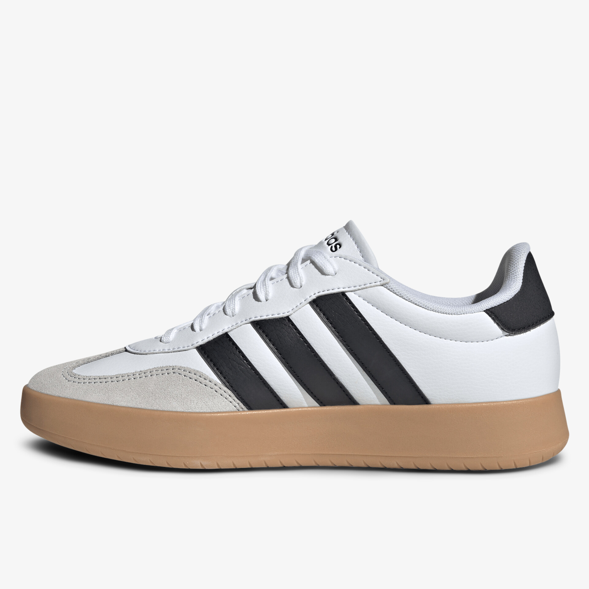 Weiße Sportschuhe mit schwarzem Streifenmuster und brauner Gummisohle, seitliche Ansicht