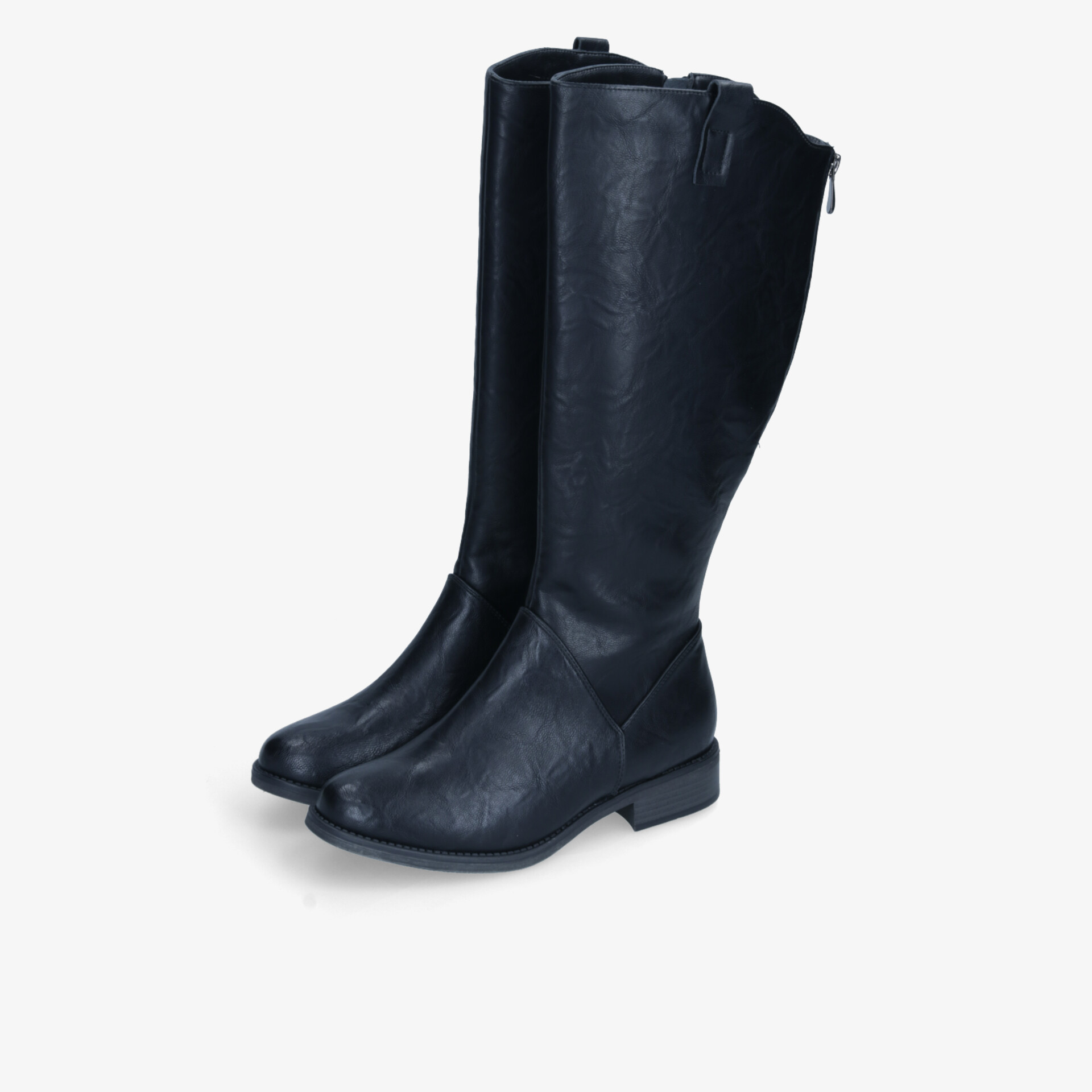 Hohes Paar schwarzer Stiefel aus glattem Leder mit robustem Absatz und praktischem seitlichem Reißverschluss