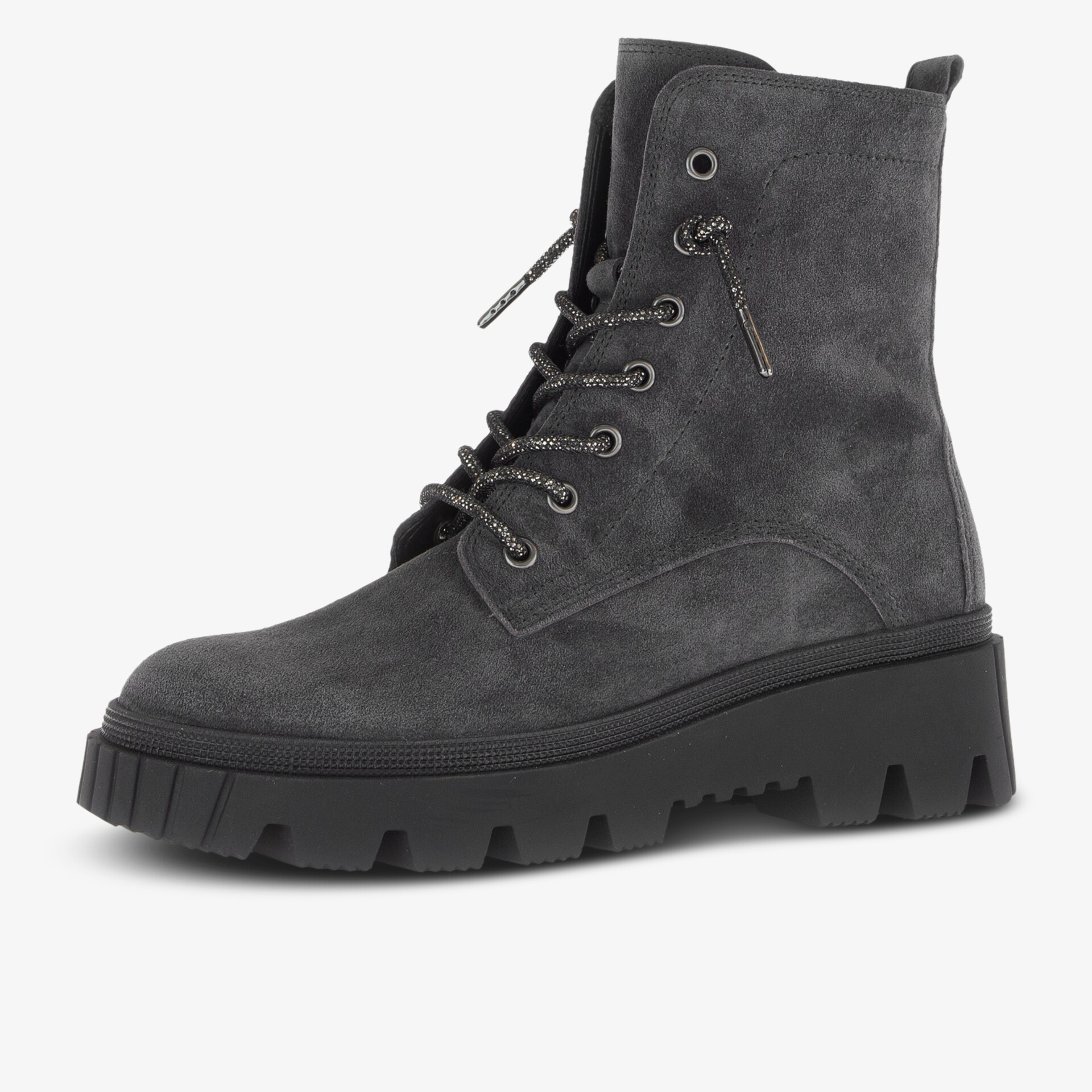 Dunkelgrauer robuster Schnürstiefel mit profilierter rutschfester Sohle, bequem für Alltag und Outdoor