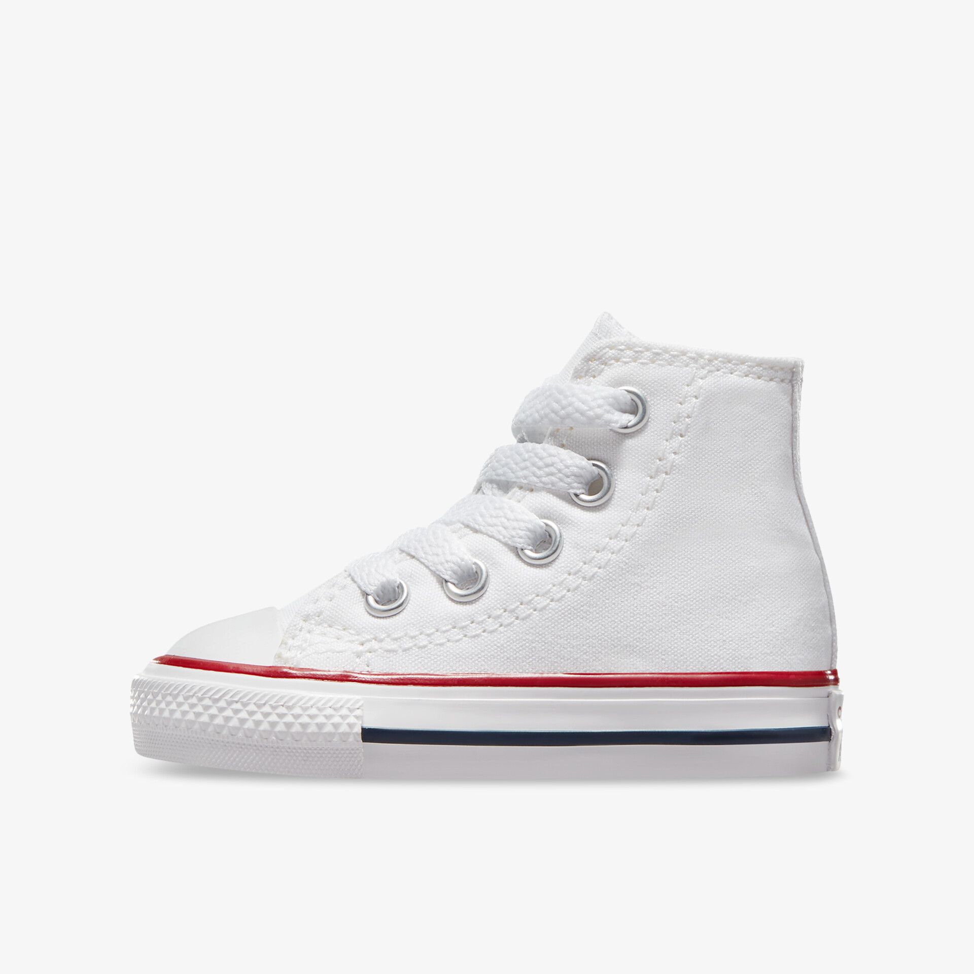Weißer Sneaker mit hohem Schaft, robuster Gummisohle und klassischer Schnürung in klarer Seitenansicht
