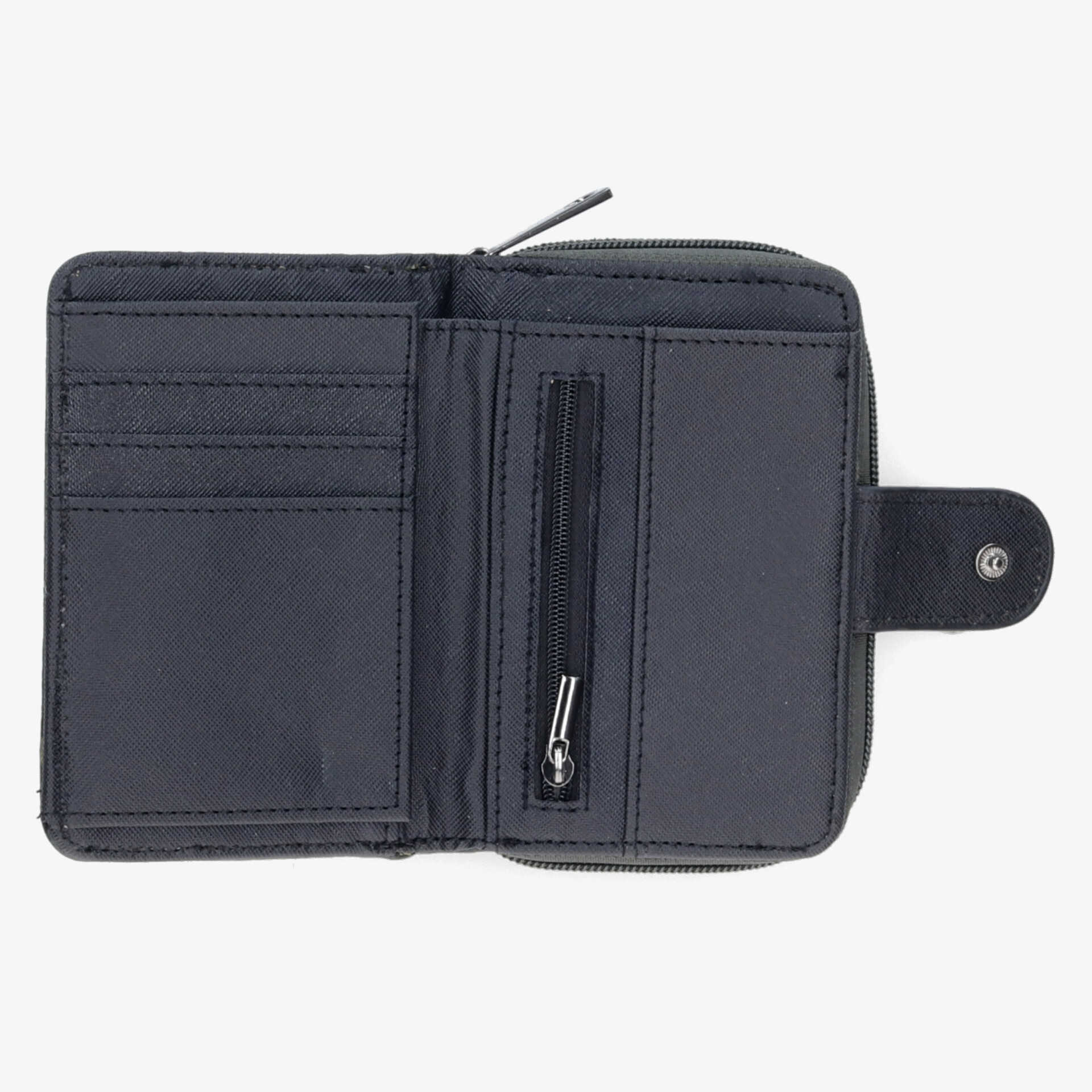 Schwarzes Portemonnaie offen mit mehreren Kartenfächern und Reißverschlussfach für sichere Aufbewahrung