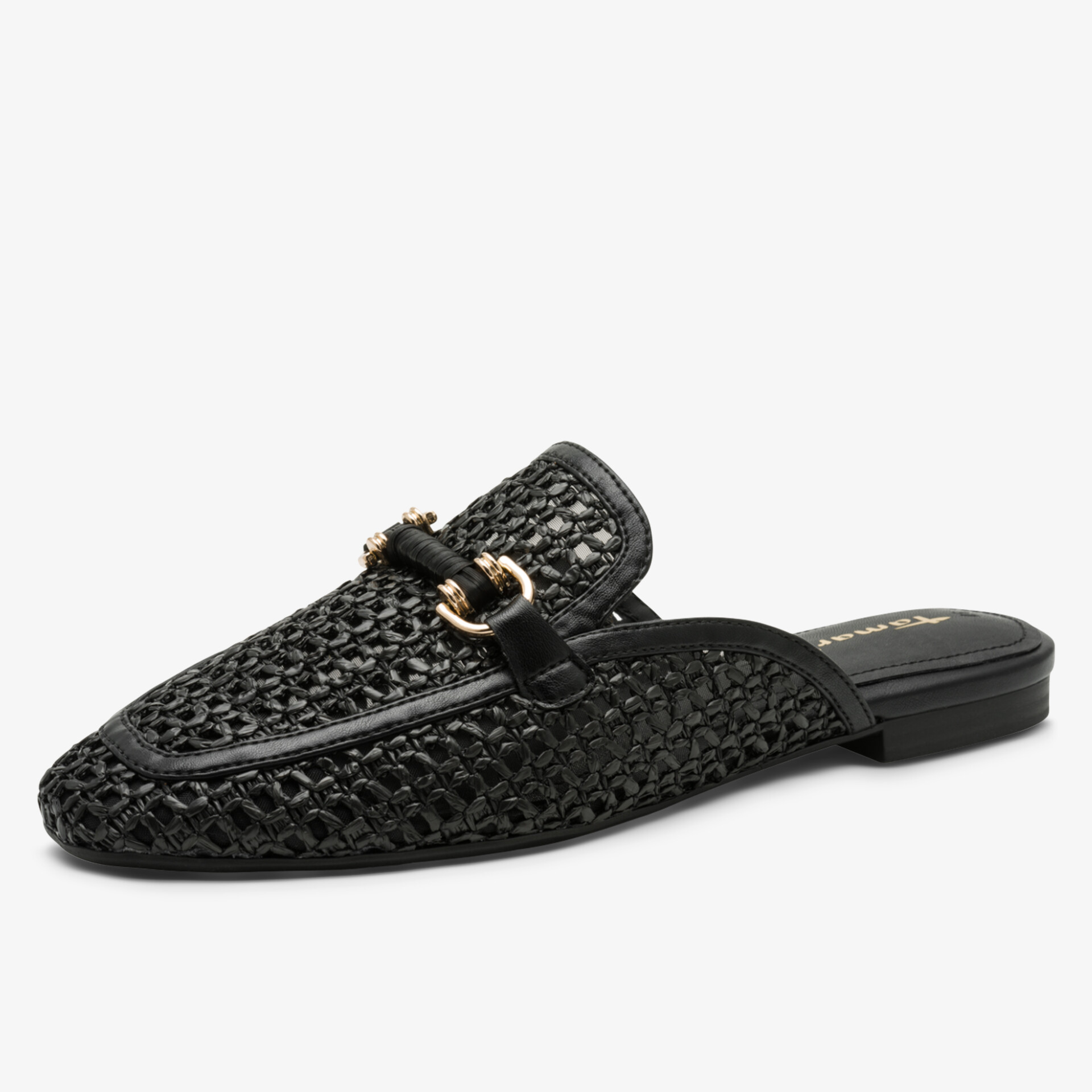 Schwarzer geflochtener Slipper mit elegantem Metall-Detail, bequem und leicht zu tragen