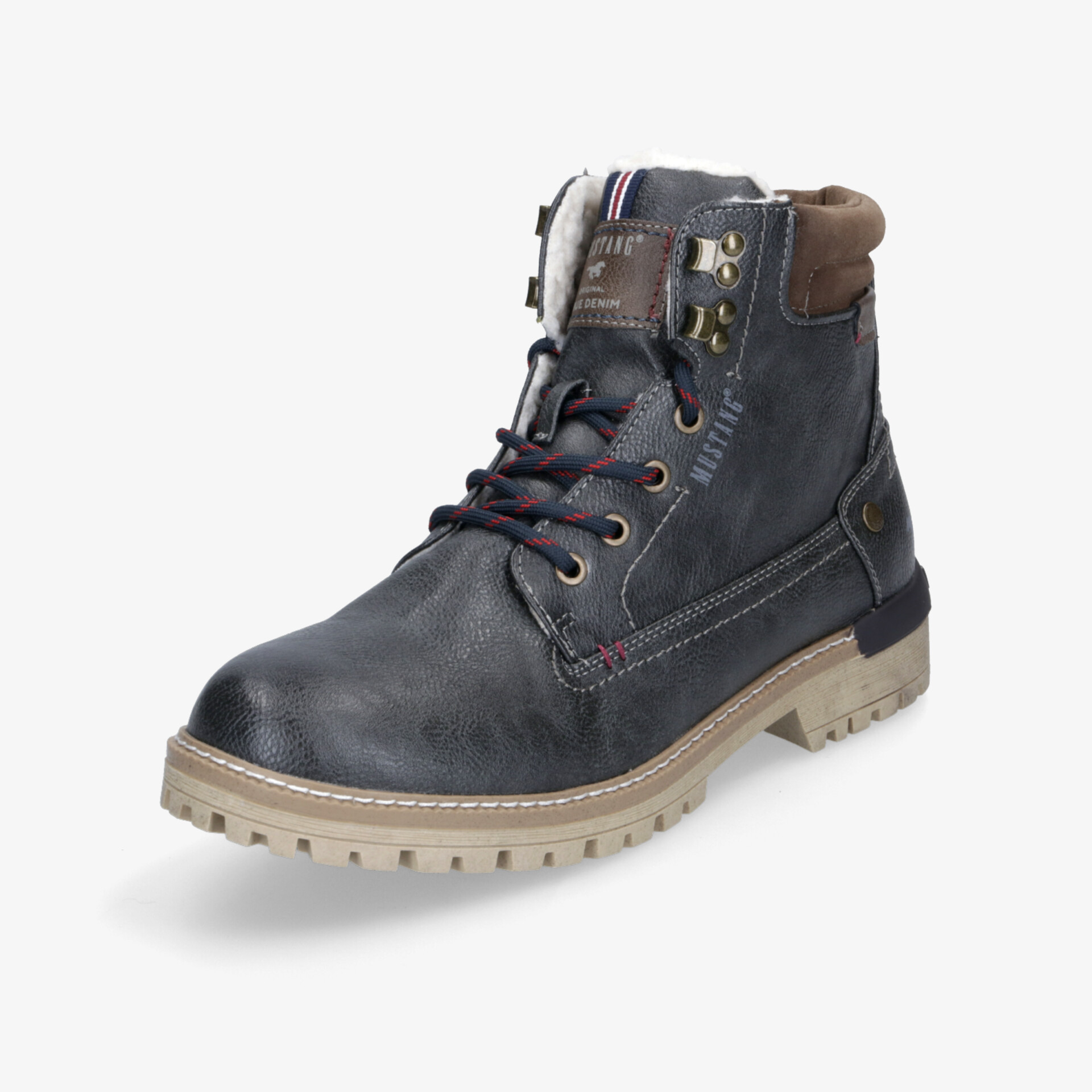 Robuster blauer Lederstiefel mit gepolstertem Knöchel, rutschfester Sohle und stabiler Schnürung für optimalen Tragekomfort