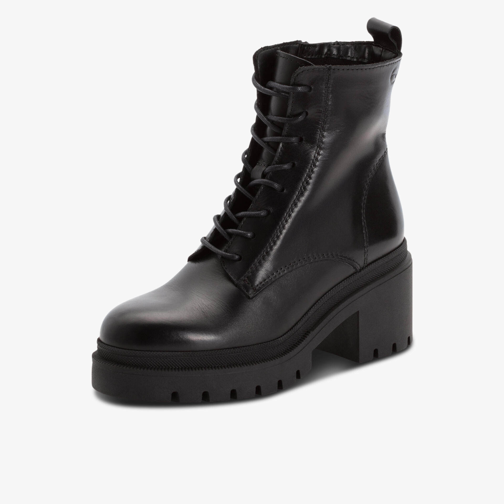 Schwarzer Schnürstiefel mit dicker Profilsohle und Blockabsatz, mit seitlichem Reißverschluss, robuster modischer Schuh