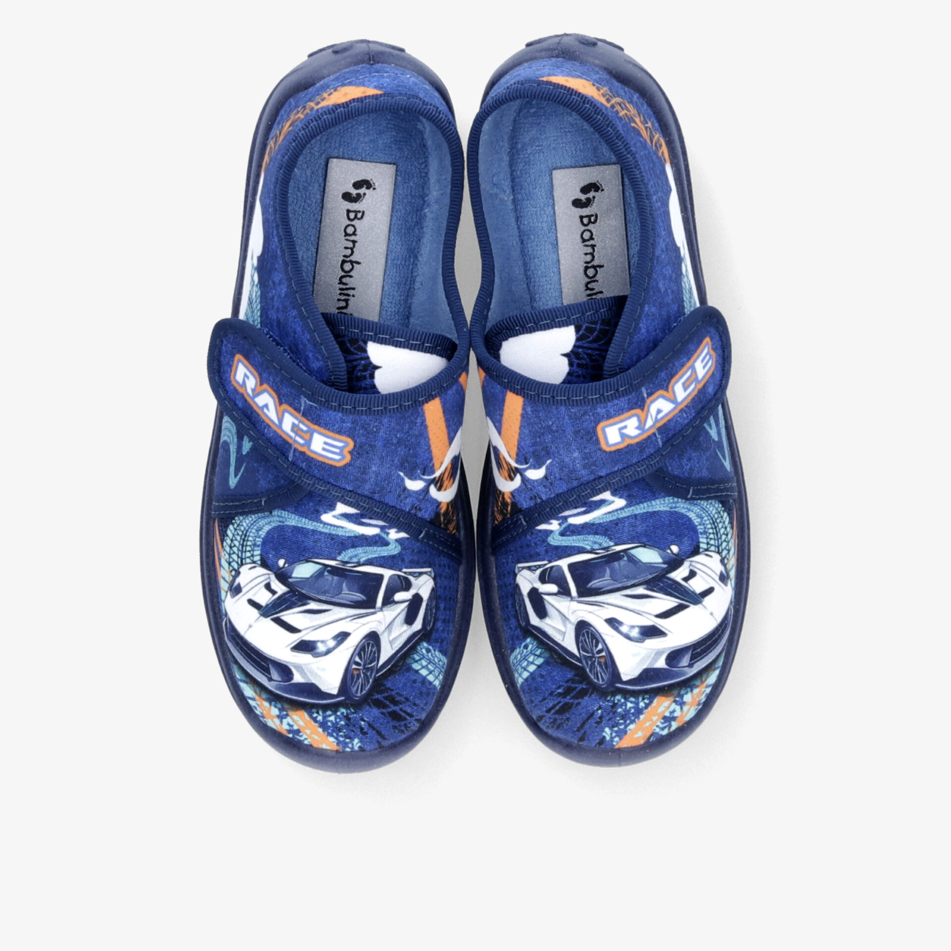 Bequeme blaue Kinderschuhe mit Rennwagen Motiv, praktischem Klettverschluss und rutschfester Sohle