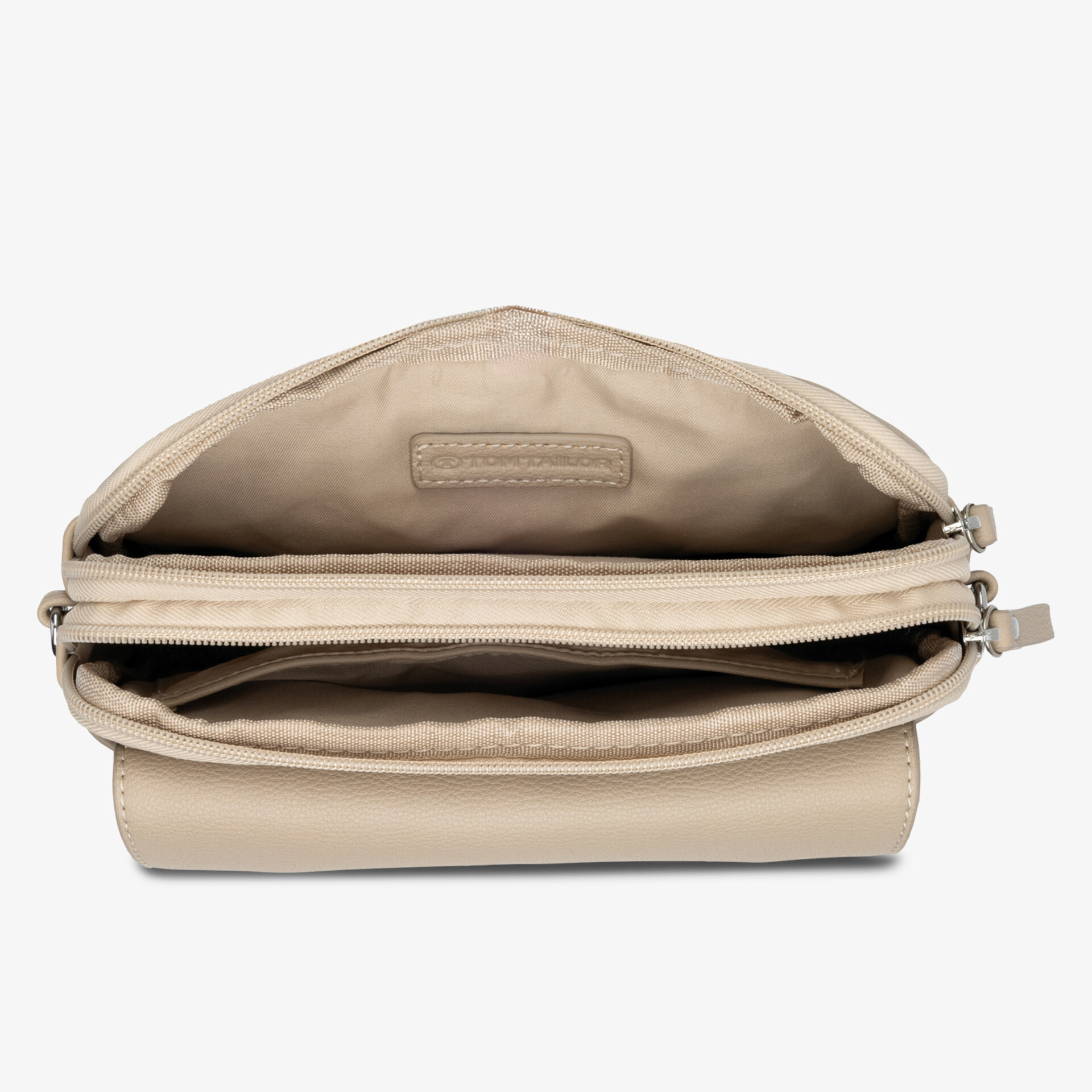 Beige Tasche mit mehreren Reißverschlussfächern und geordneter Innenaufteilung, kompakt und praktisch
