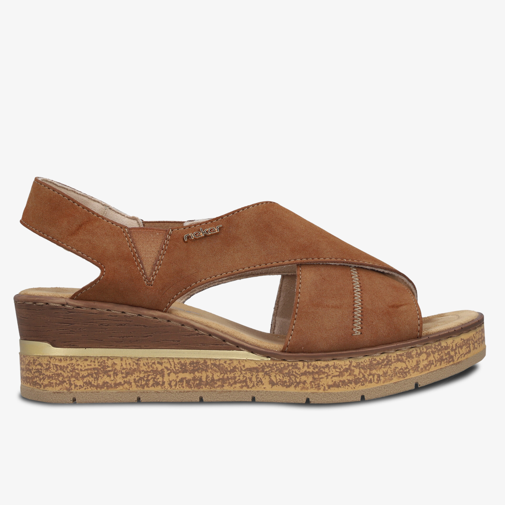 Seitliche Ansicht einer modischen braunen Sandale mit verstellbarem Riemen und bequemer, rutschfester Sohle