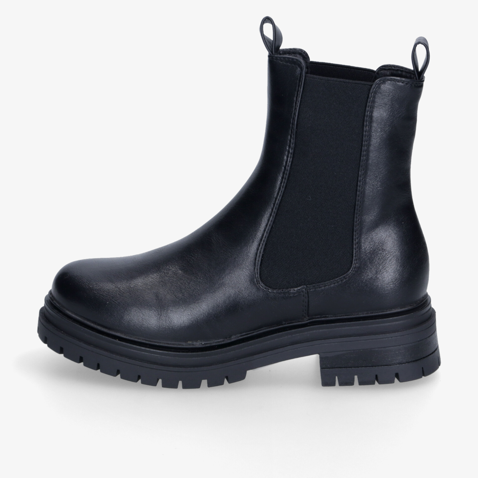 Schwarze Stiefeletten mit robuster Konstruktion und elastischen Seiteneinsätzen für komfortables Tragen im Alltag.