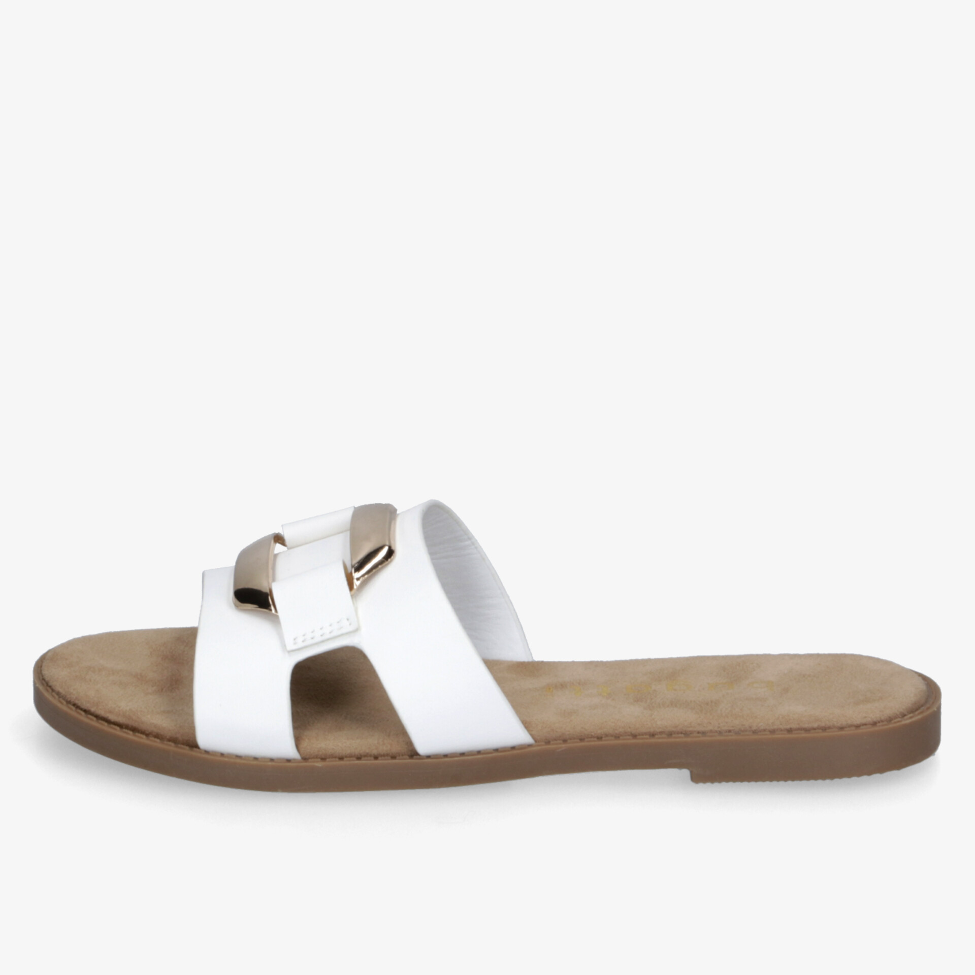 Weiße Sandalette mit verstellbarer goldener Schnalle, weichem Fußbett und rutschfester Sohle für angenehmen Tragekomfort