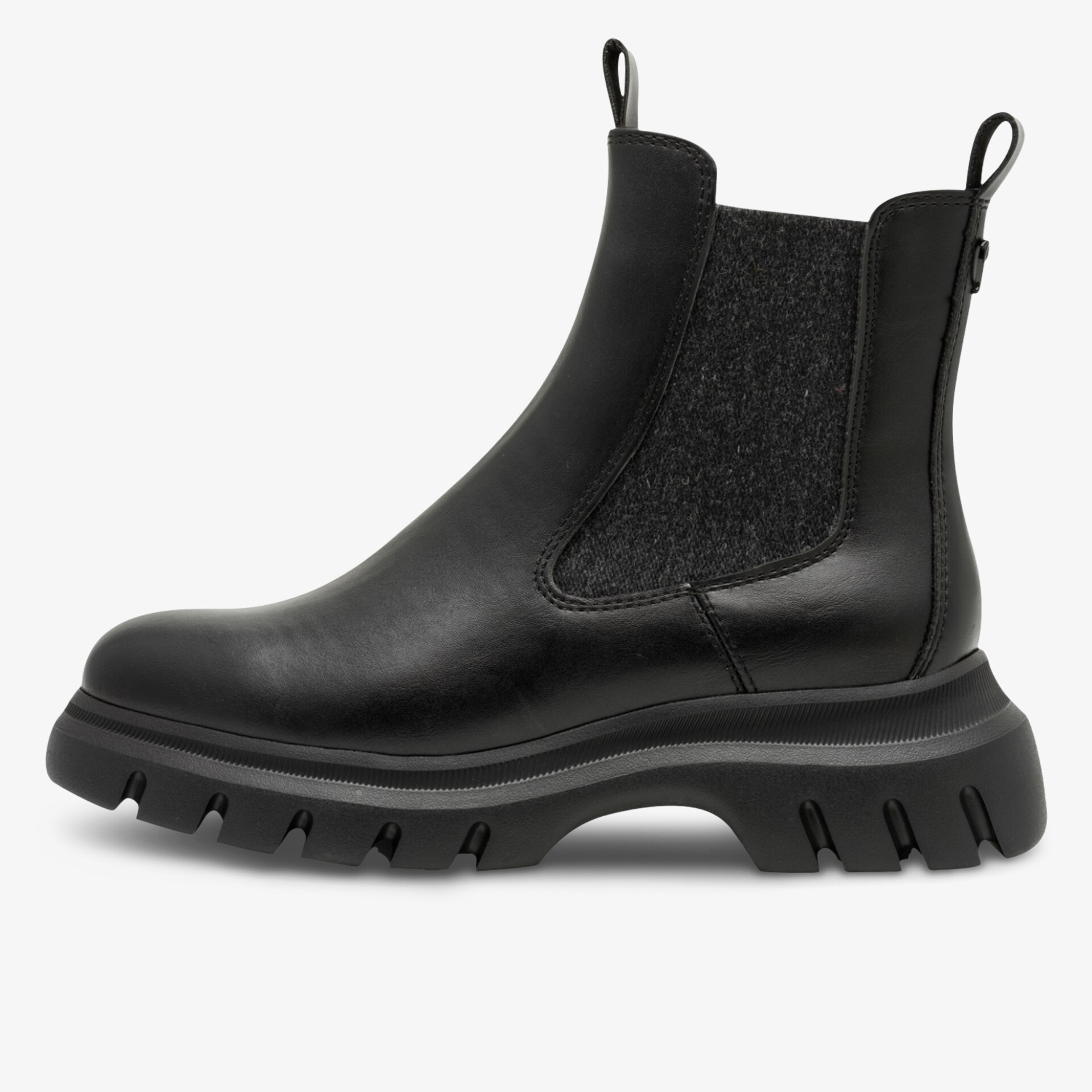 Schwarzer Chelsea Boot aus Leder mit elastischen Einsätzen und robuster profilierter Gummisohle