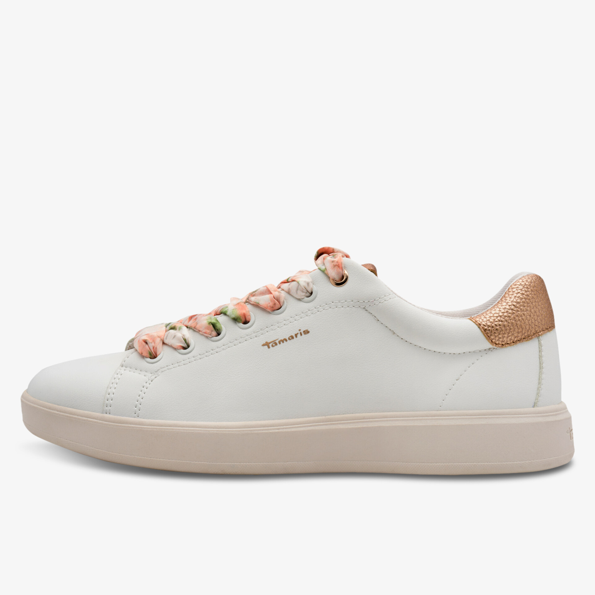 Moderner weißer Sneaker mit roségoldenen Akzenten, leichter Komfort und elegante Schnürung perfekt für Alltag