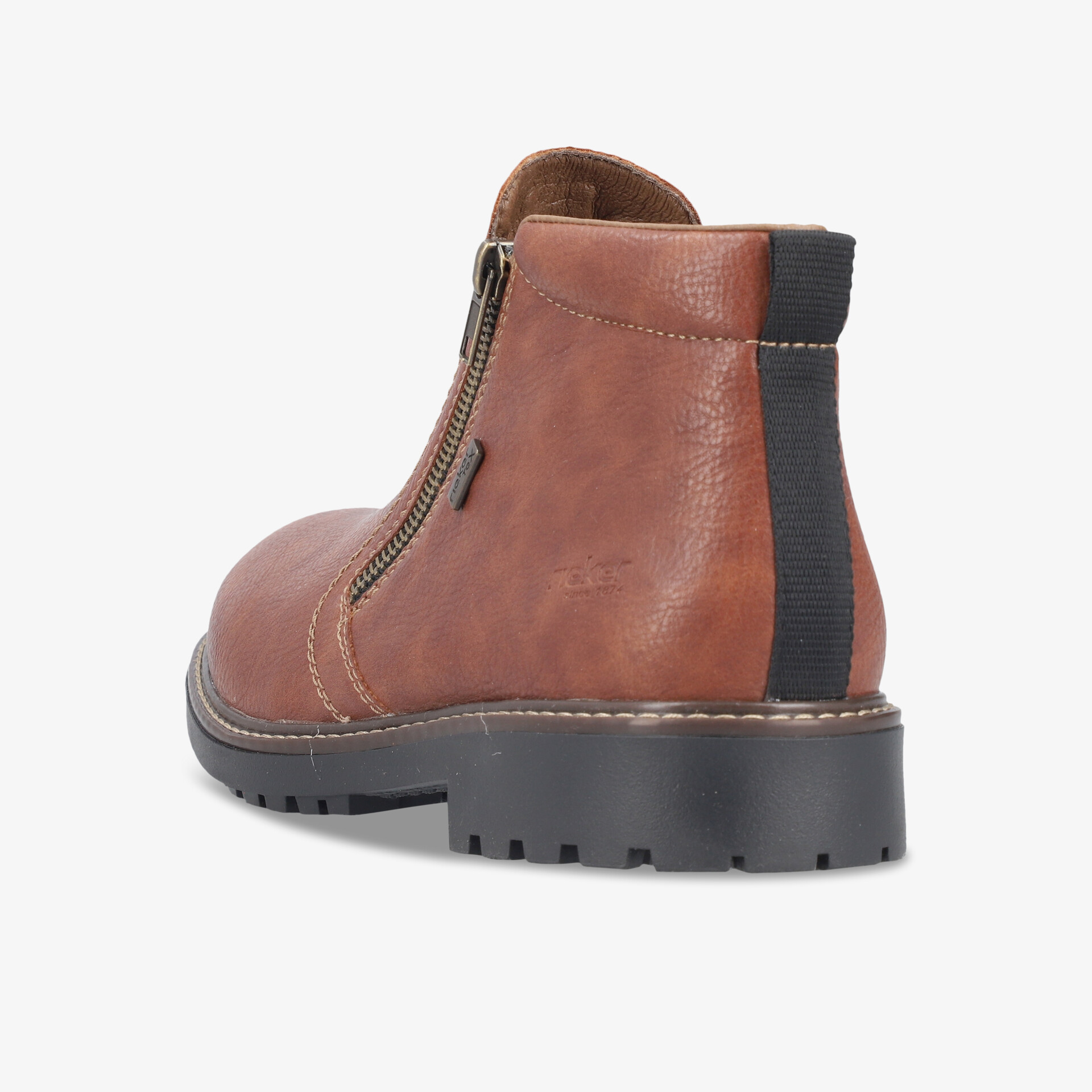 Brauner Stiefel mit praktischem Reißverschluss, rutschfester Sohle und robustem, langlebigem Material seitlich hinten sichtbar