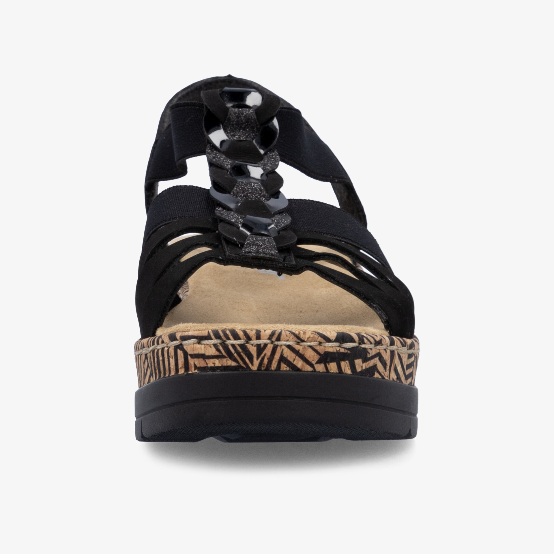 Schwarze Plateau Sandale mit floral gemusterter Sohle, bequeme Form und modischem Design vorne