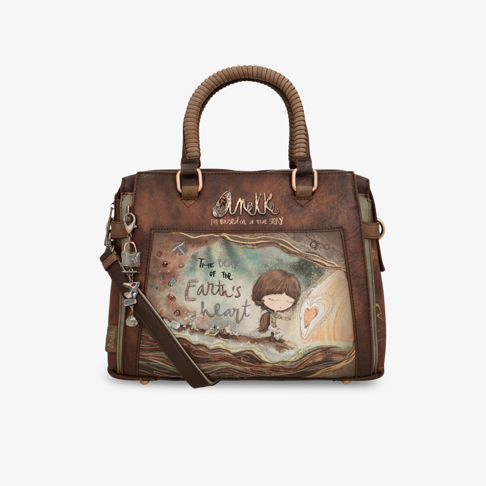 Stilvolle braune Handtasche mit dekorativem Motiv, Tragegriff und verstellbarem Schulterriemen, geräumig und robust