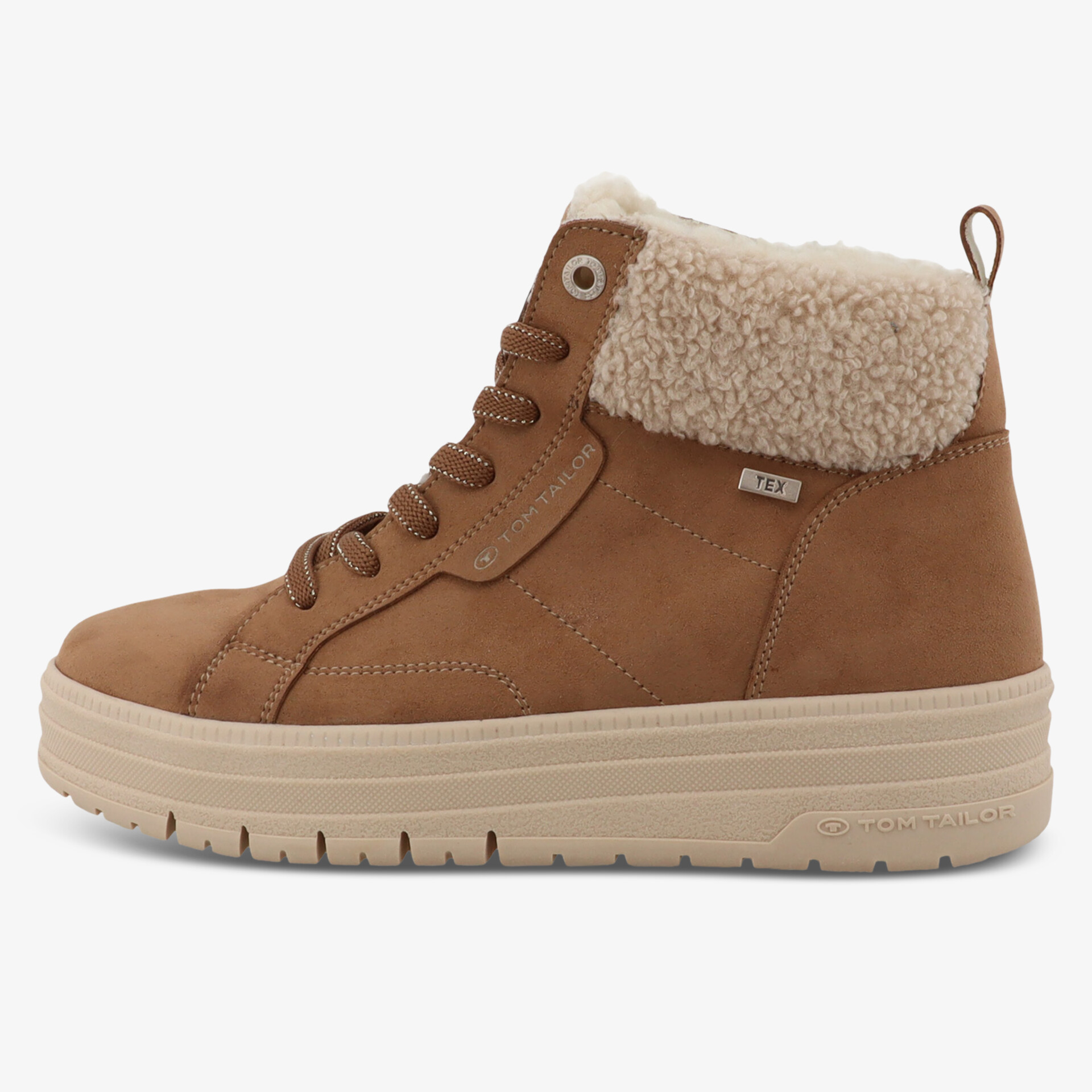 Beiger Stiefel mit hohem kragen aus weichem Fell, bequemer dicker Sohle und modischem Design