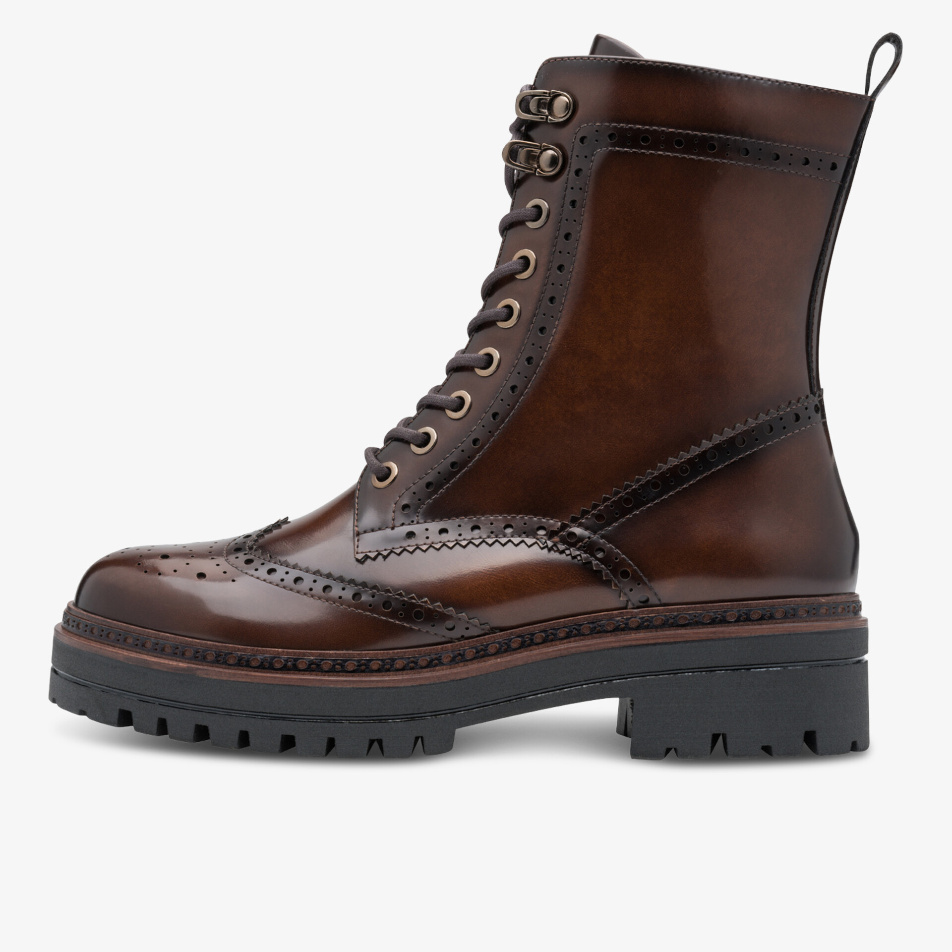 robuster brauner Schnürstiefel mit profilierter Gummisohle und elegantem Lederdesign, seitliche Ansicht