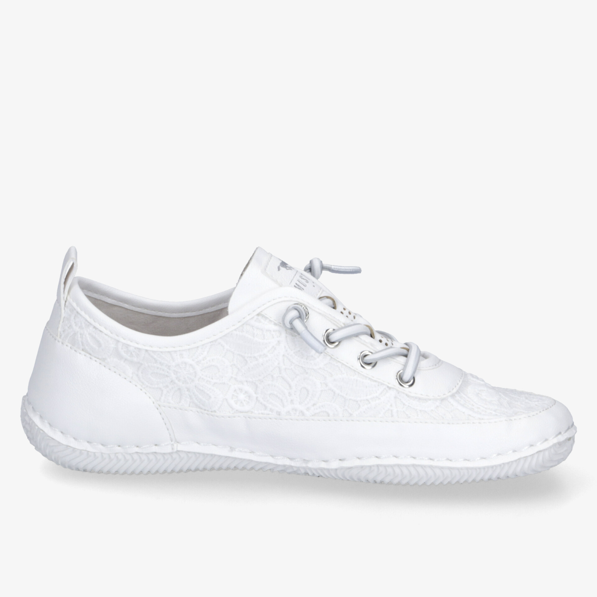 Leichter weißer Freizeitschuh mit flexibler Sohle und bequemer Passform, klare seitliche Ansicht