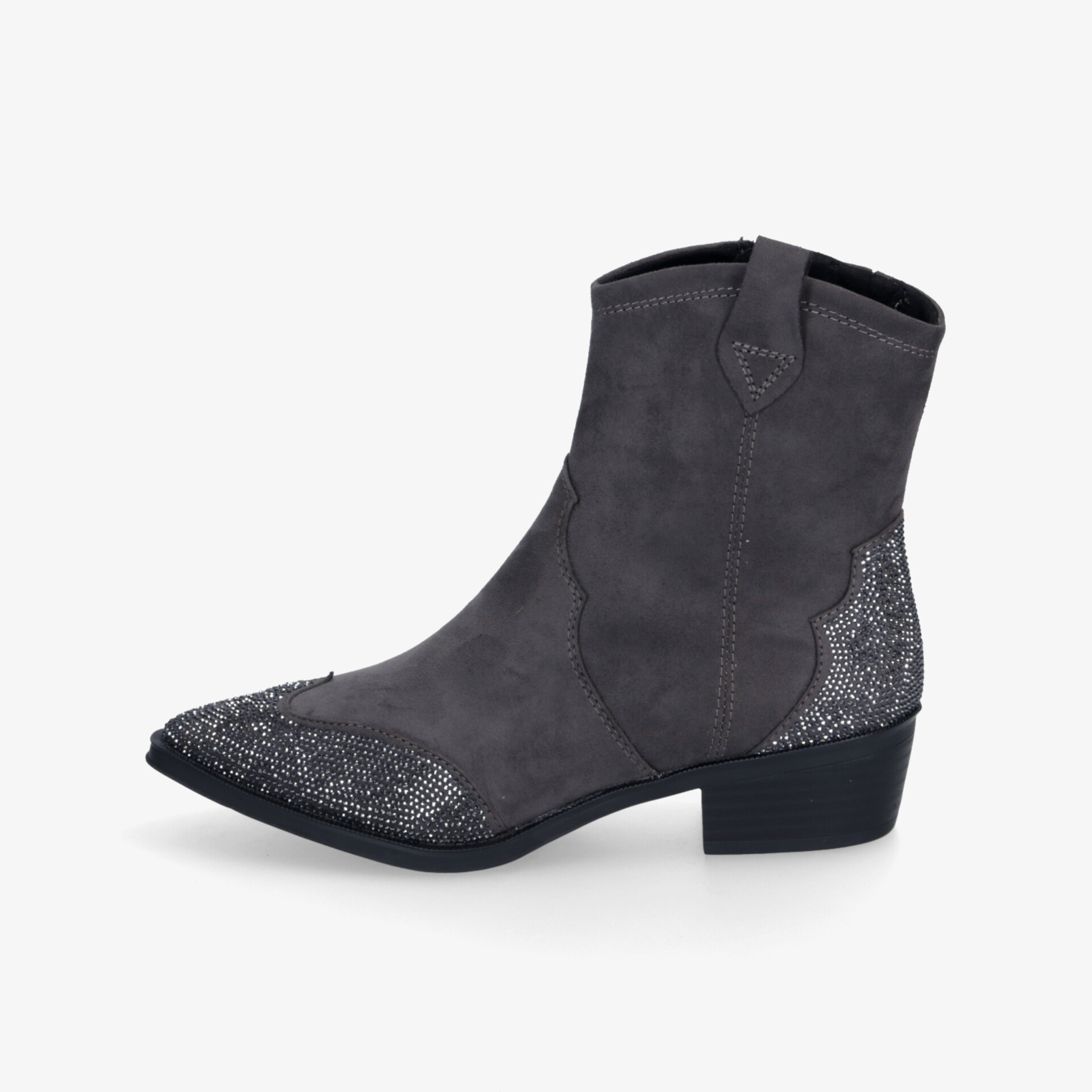 Schwarze Wildleder Stiefelette mit modischem Glitzerdetail und bequemem Absatz, spitze Form für eleganten Look