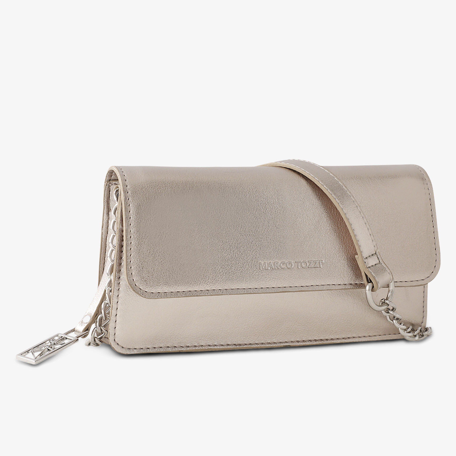 Elegante kompakte silberfarbene Clutch mit Kettenriemen und hochwertiger Verarbeitung, ideal für festliche Anlässe