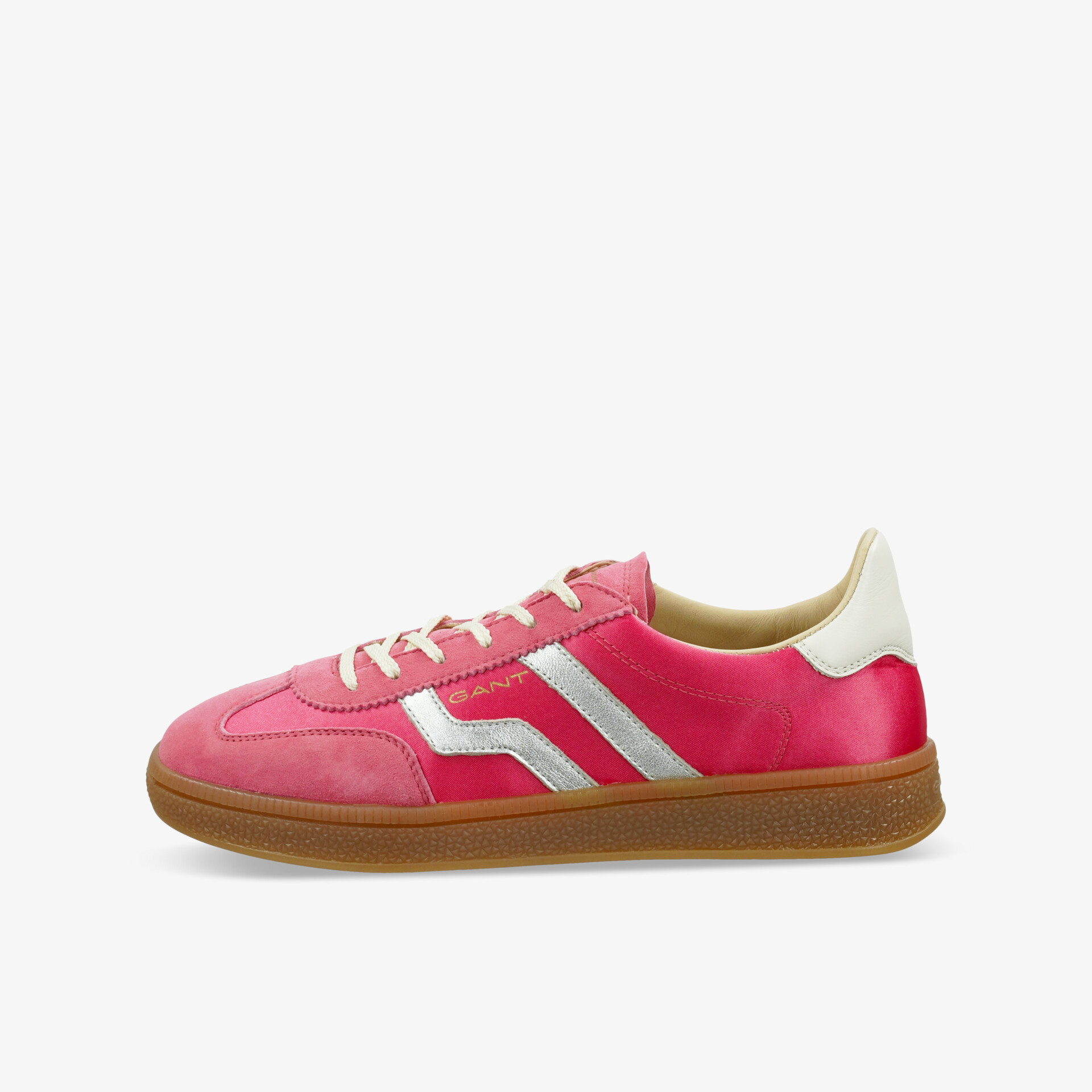 Seitenansicht eines modernen, komfortablen und langlebigen Sportschuhs in leuchtendem Pink mit brauner Sohle