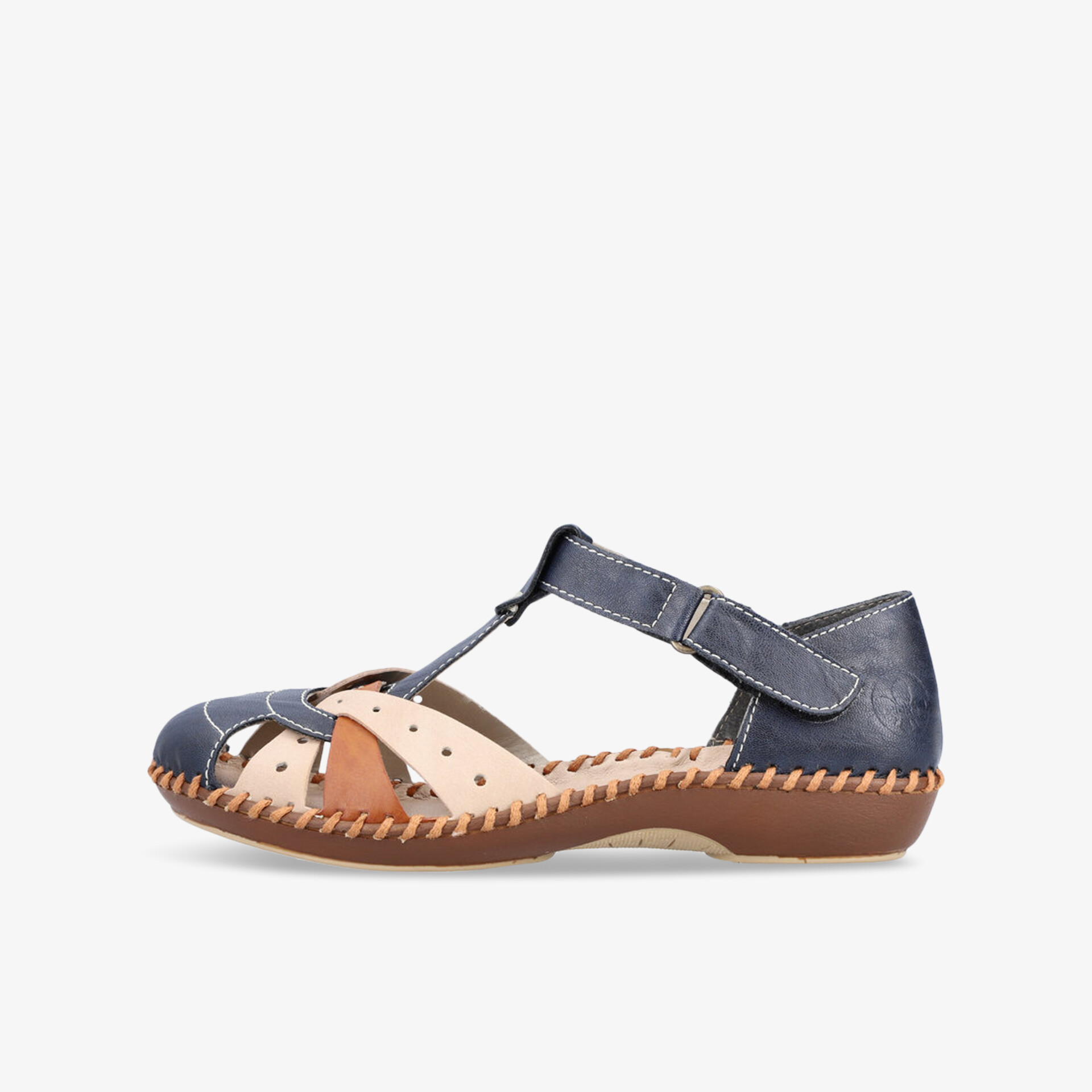 Seitliche Ansicht eines komfortablen geschlossenen Sommerschuhs mit verstellbarem Riemen und flexibler Sohle