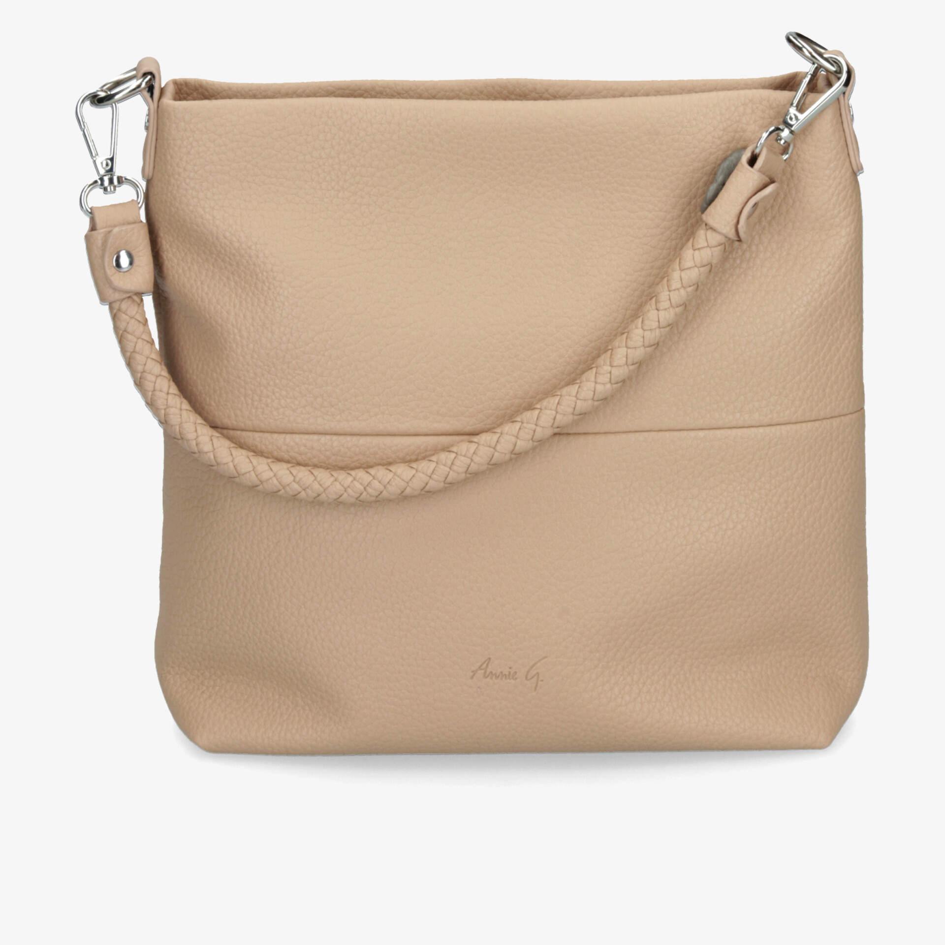Beige Tasche aus glattem Material mit breitem, geflochtenem Trageriemen und schlichter, eleganter Optik