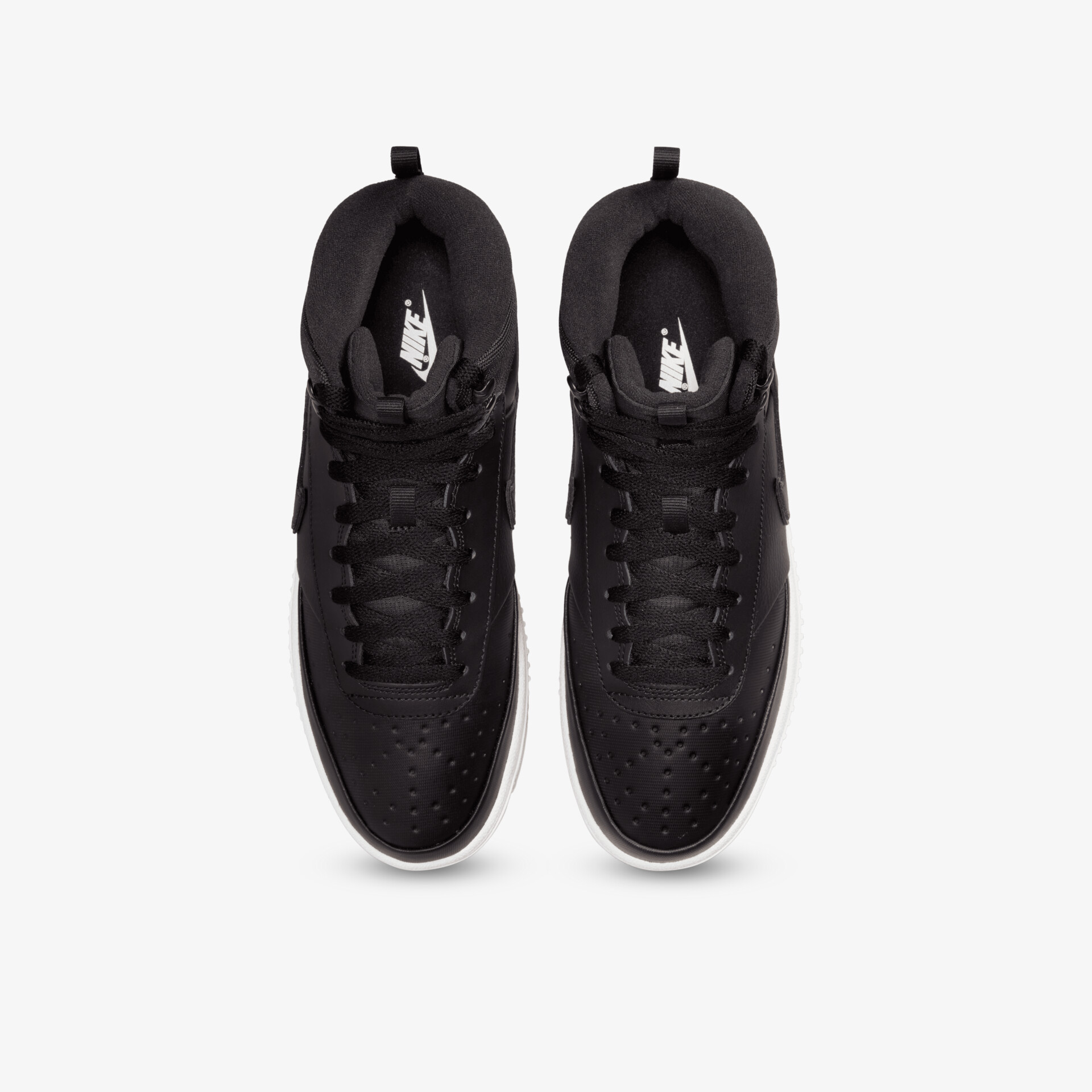 Schwarzes Paar Schuhe in Draufsicht mit atmungsaktivem Obermaterial und gepolstertem Innenfutter für Komfort