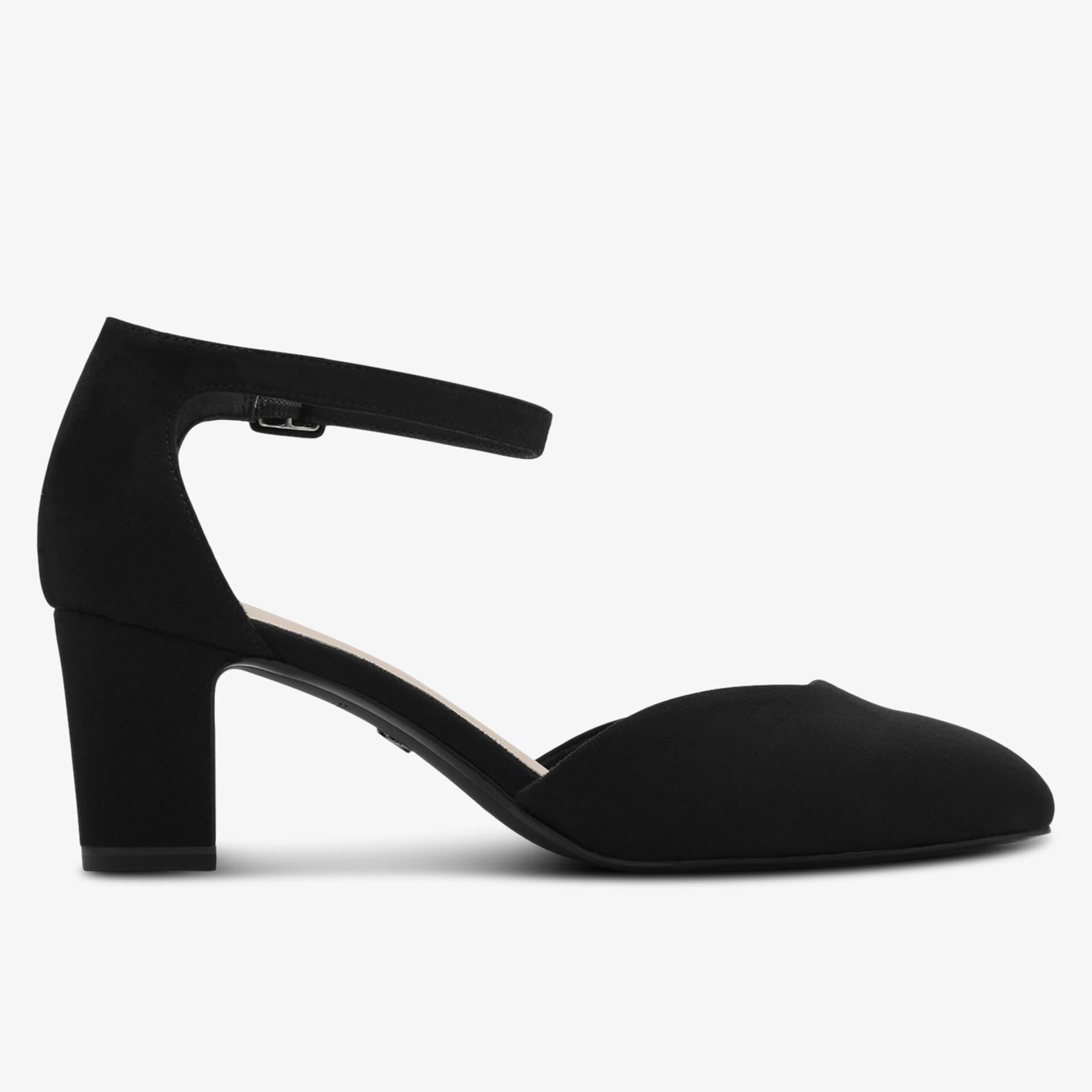 Eleganter schwarzer Schuh mit mittelhohem Blockabsatz und verstellbarem Knöchelriemen, seitliche Ansicht