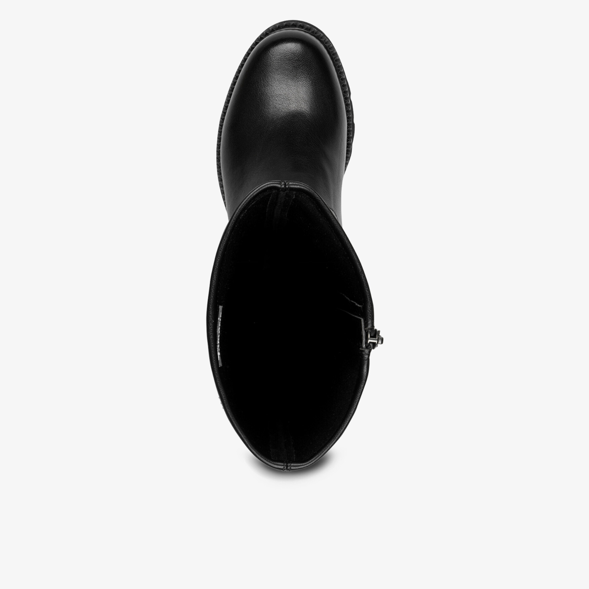 Schwarzer Stiefel mit glattem Leder und praktischem Reißverschluss in klarer Draufsicht