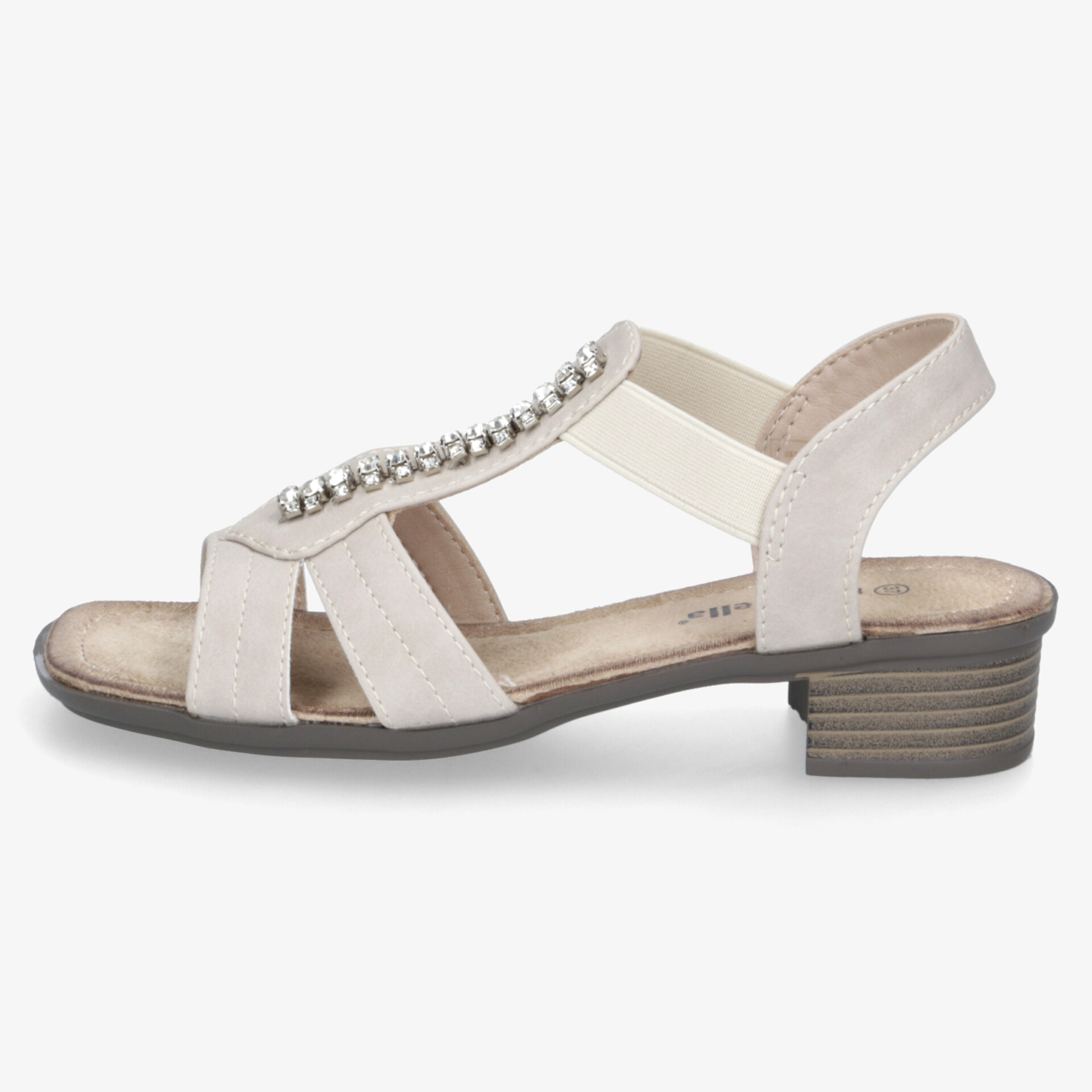 Seitenansicht einer eleganten, weich gepolsterten Sandalette mit Schmucksteinbesatz und niedrigem Absatz