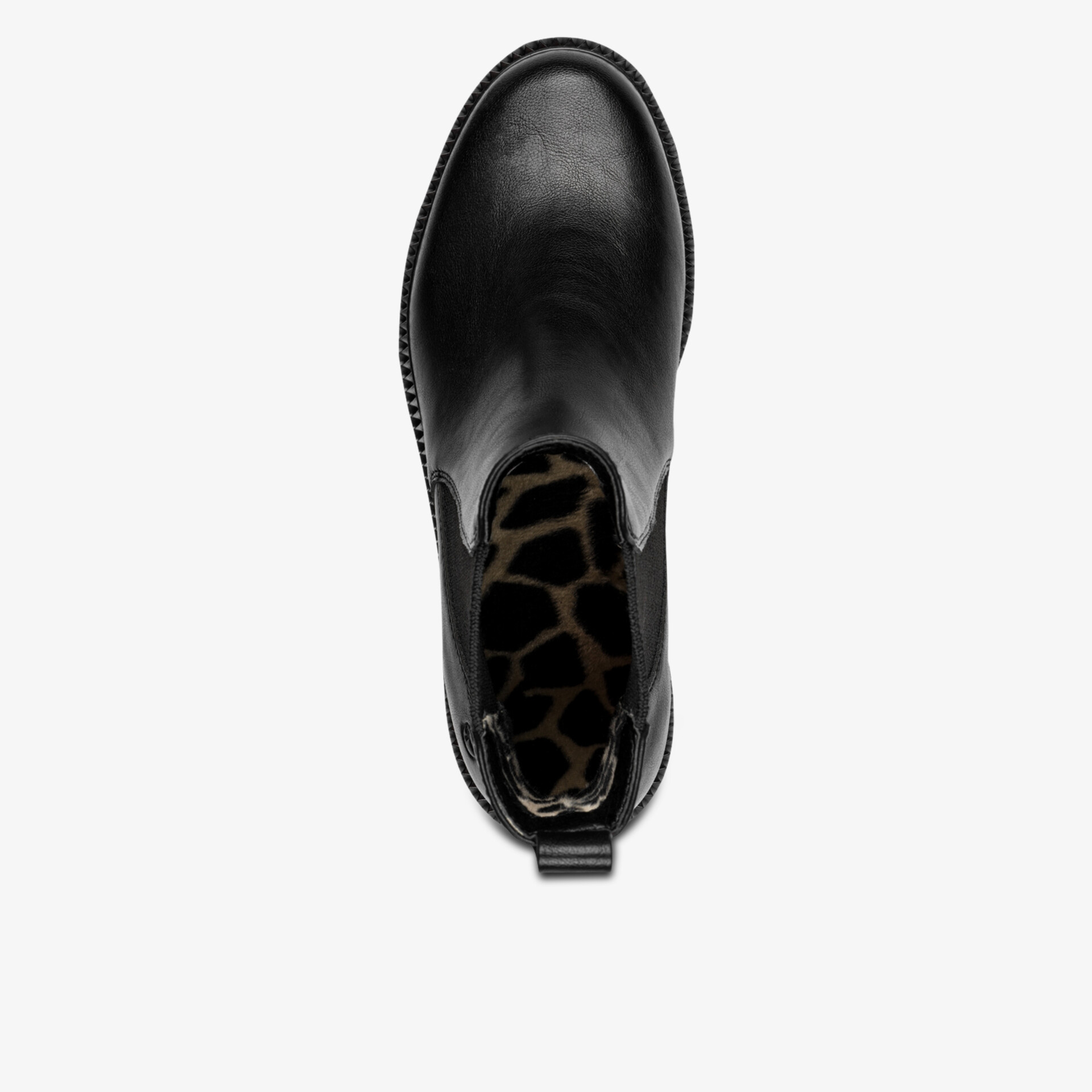 Schwarzer Schuh aus glattem Leder mit weicher Innenfütterung, robuster Aufbau und elegantem Design, Draufsicht