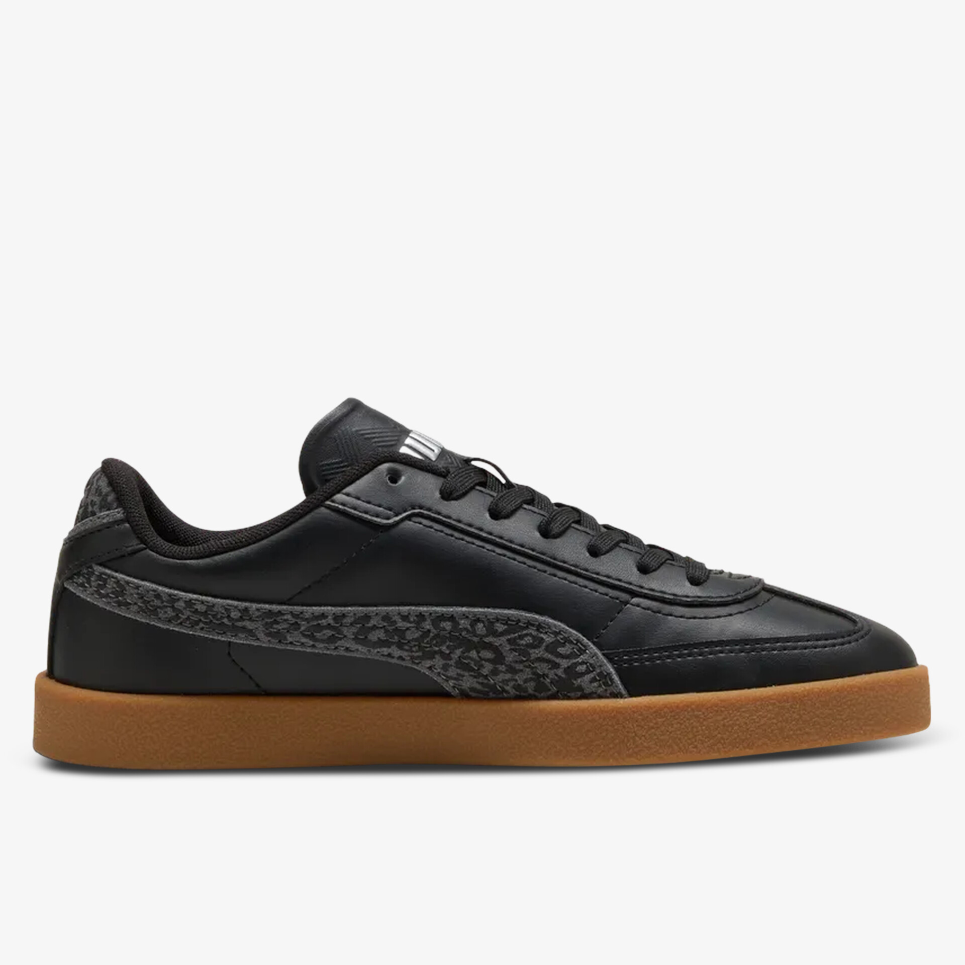 Eleganter schwarzer Sneaker aus Leder mit brauner Gummisohle, seitliche Ansicht, sportliches Design